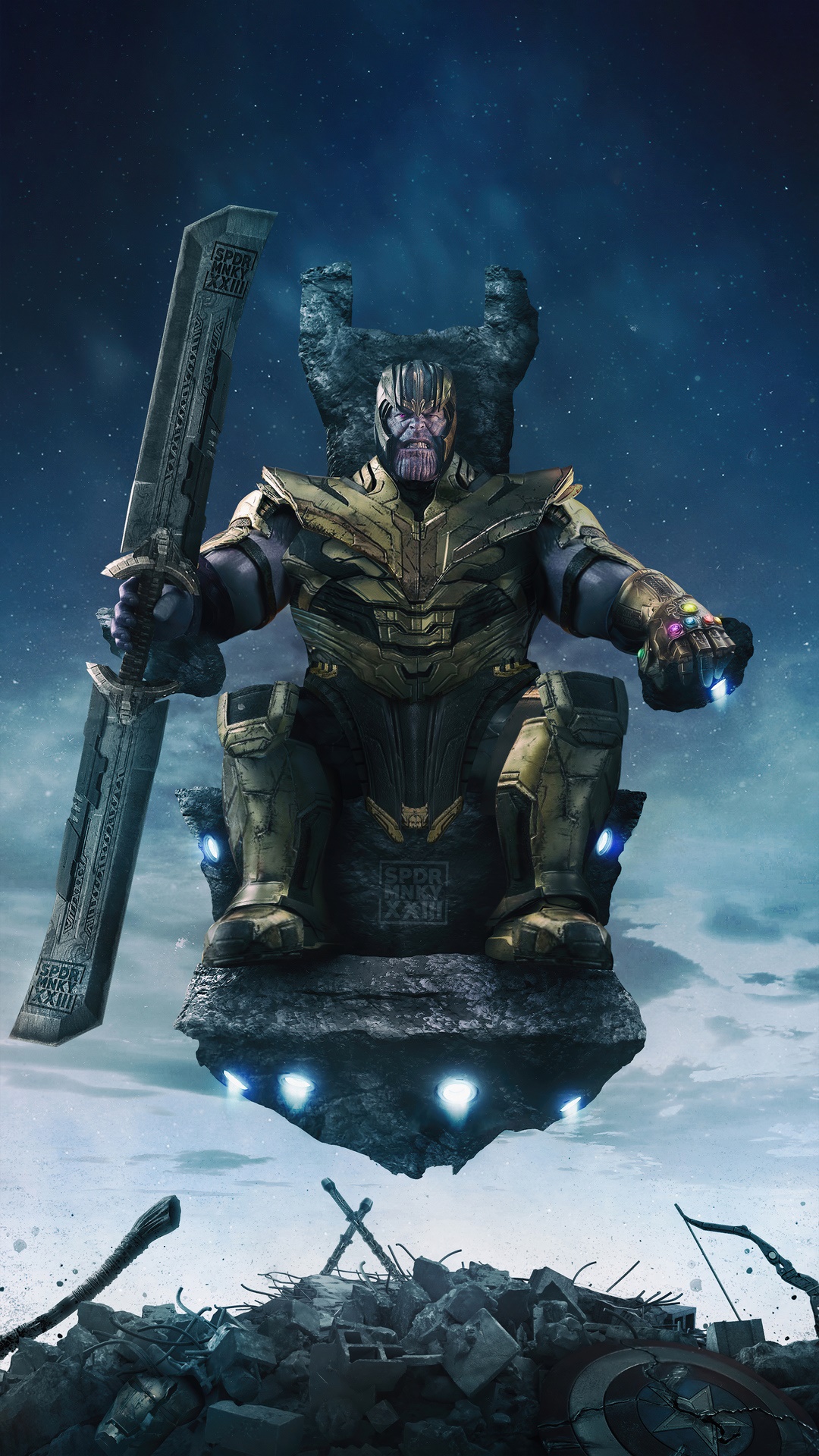 Thanos Sitting on a Floating Throne with Infinity Gauntlet HD Phone Wallpaper