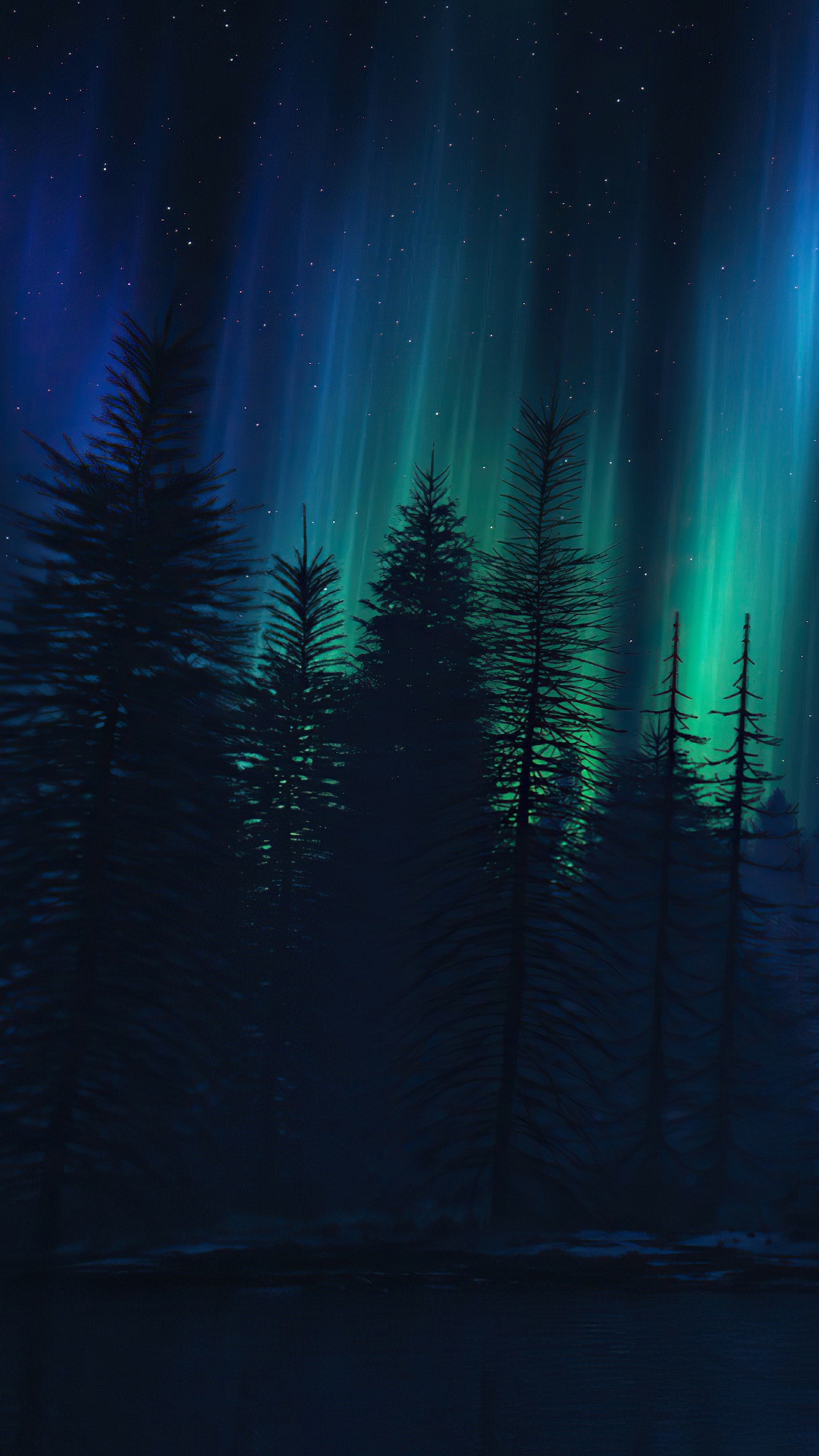 Aurora Borealis over a dark forest HD Phone Wallpaper