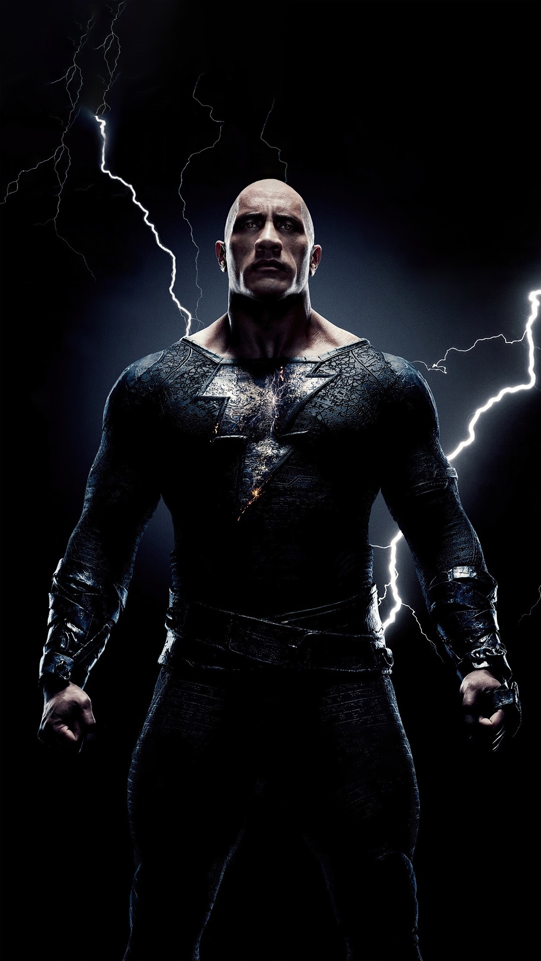 Black Adam with lightning in the background HD Phone Wallpaper