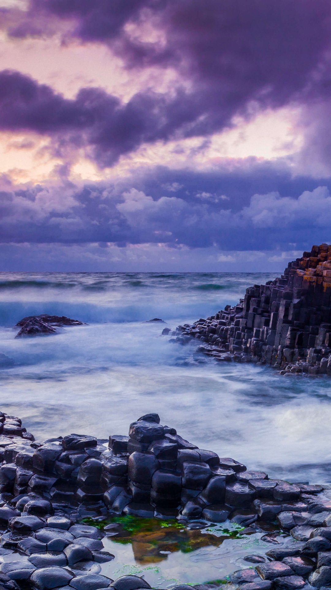 Giants Causeway rocks and ocean at sunset HD Phone Wallpaper