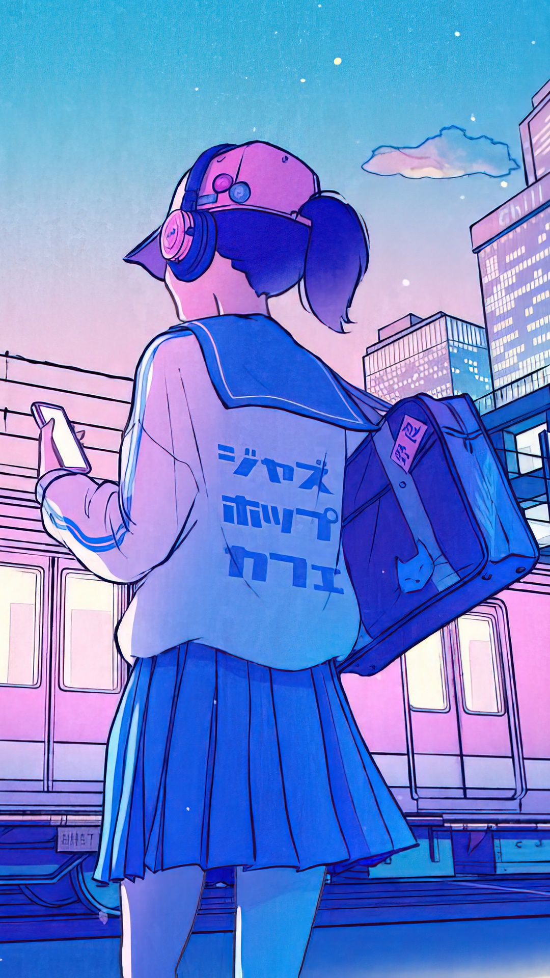 Anime girl with headphones and a bag in a city HD Phone Wallpaper