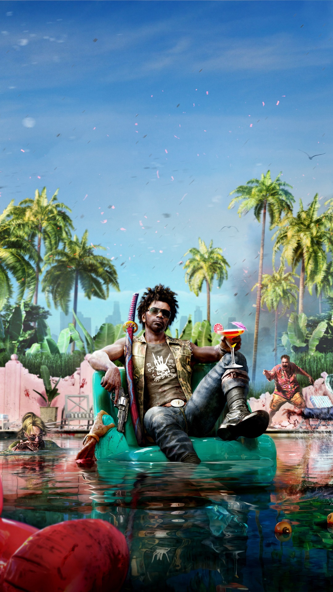 Dead Island 2: Man relaxing in pool with zombies HD Phone Wallpaper
