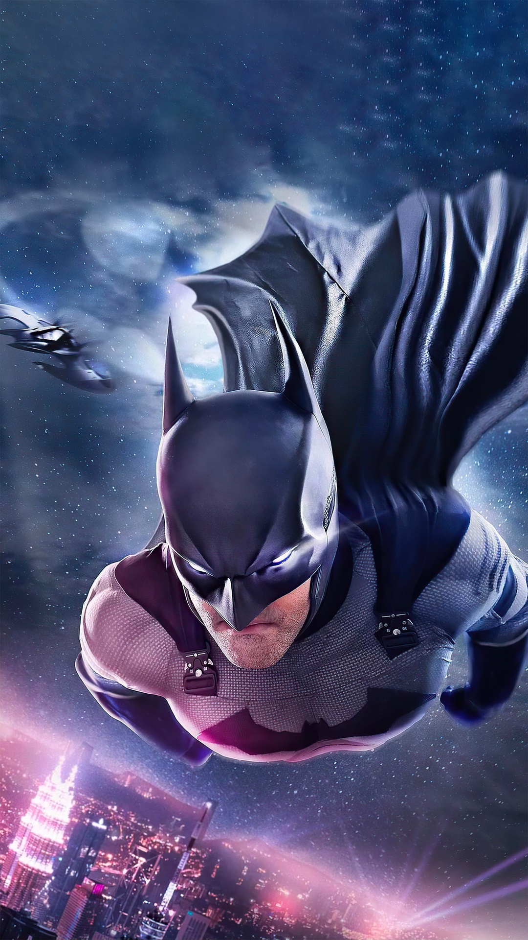 Batman flying over a city at night HD Phone Wallpaper