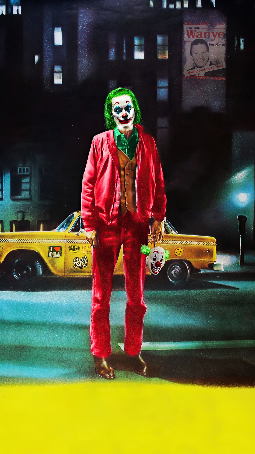 Joker holding a clown mask in front of a taxi HD Phone Wallpaper