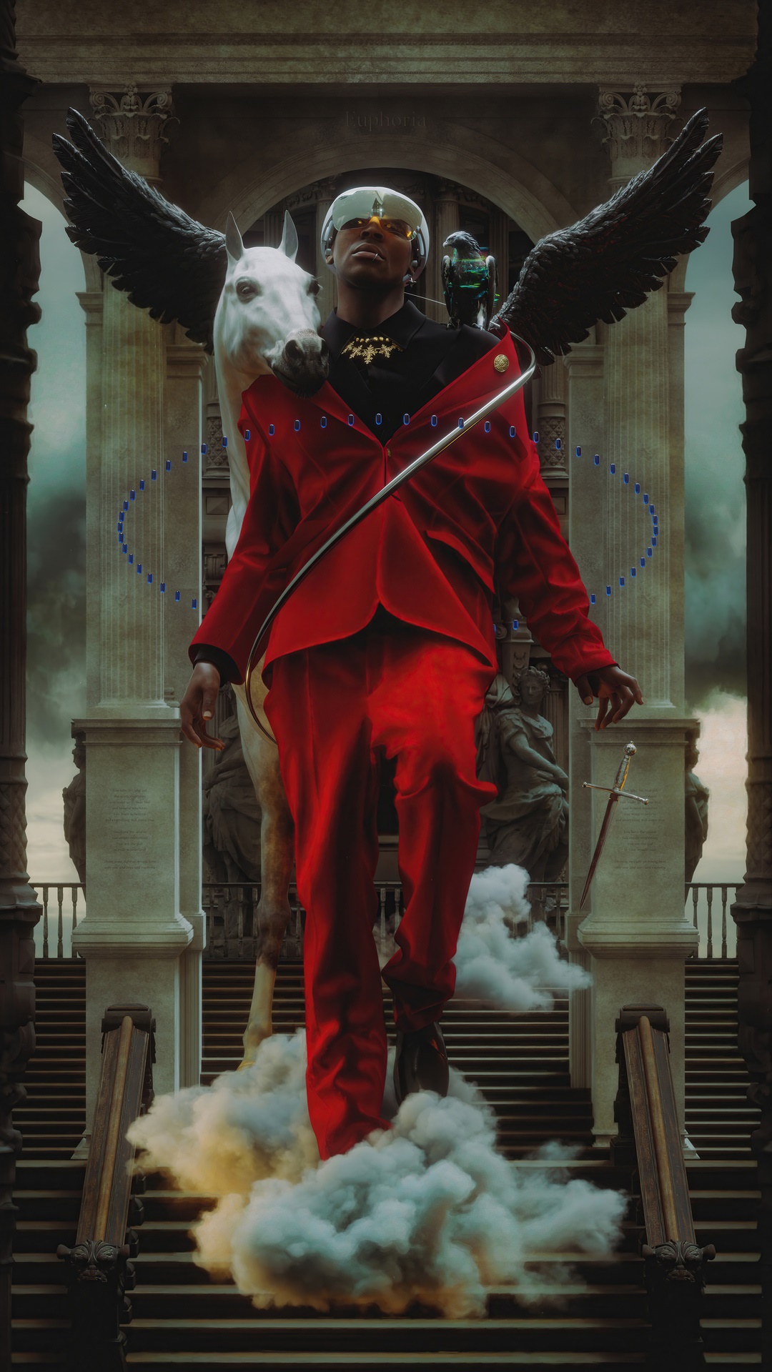 Man in Red Suit with Pegasus and Bird HD Phone Wallpaper