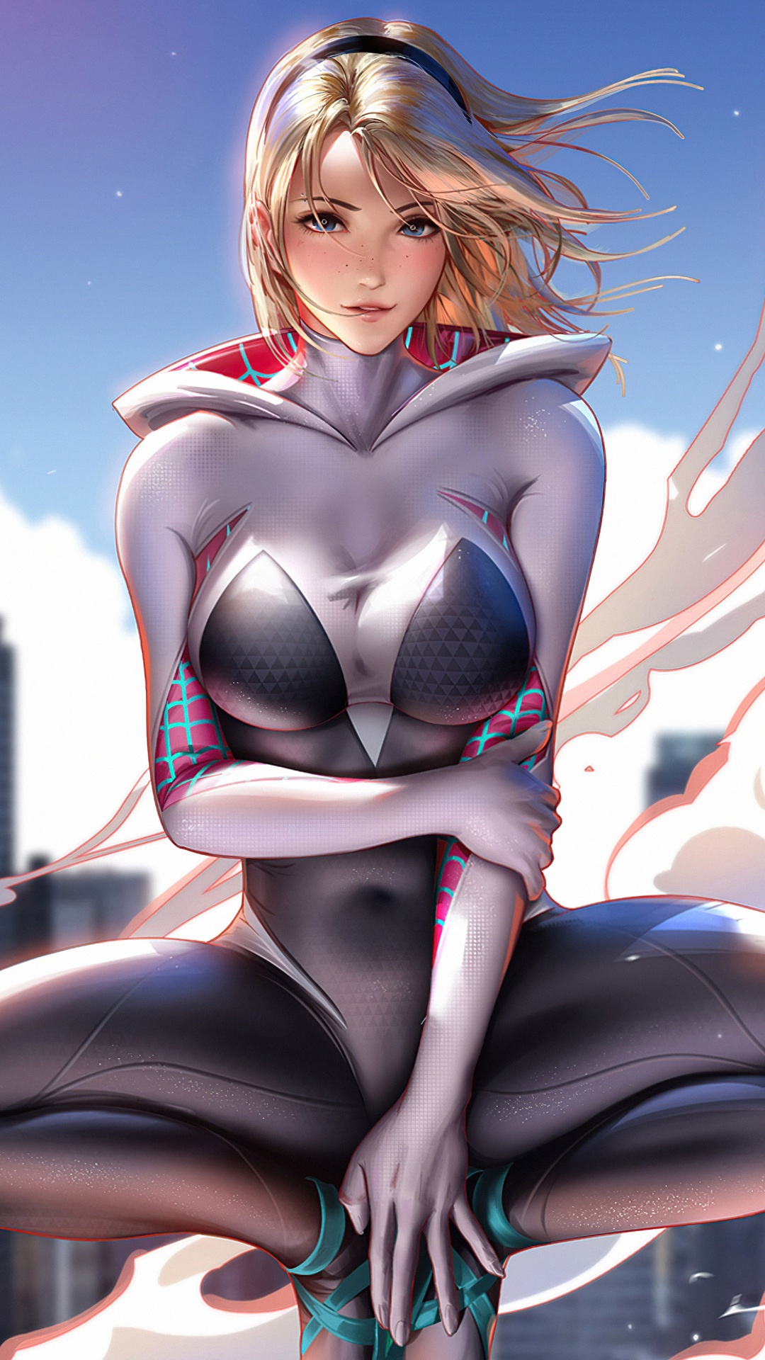 Gwen Stacy as Spider-Gwen in digital art HD Phone Wallpaper