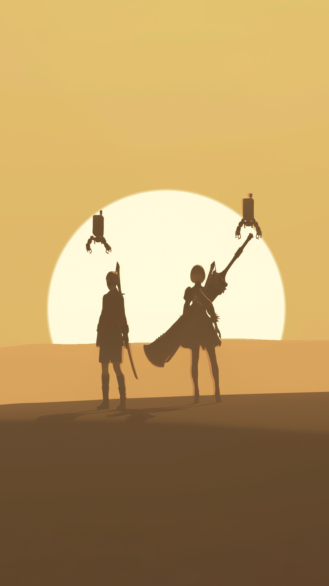 Nier Automata 2B and 9S with Pods in desert HD Phone Wallpaper