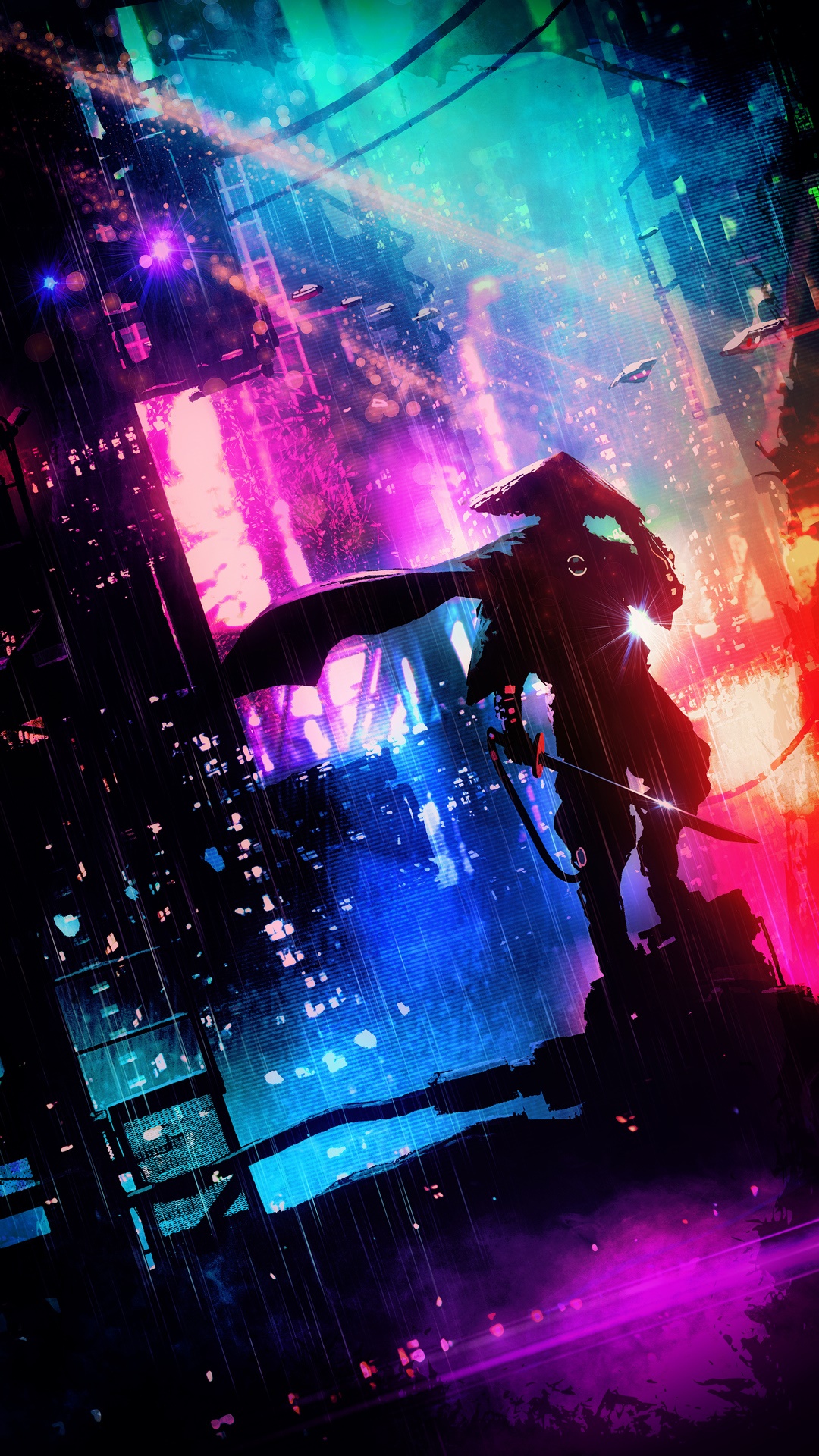 Samurai in a neon-lit cyberpunk city at night HD Phone Wallpaper