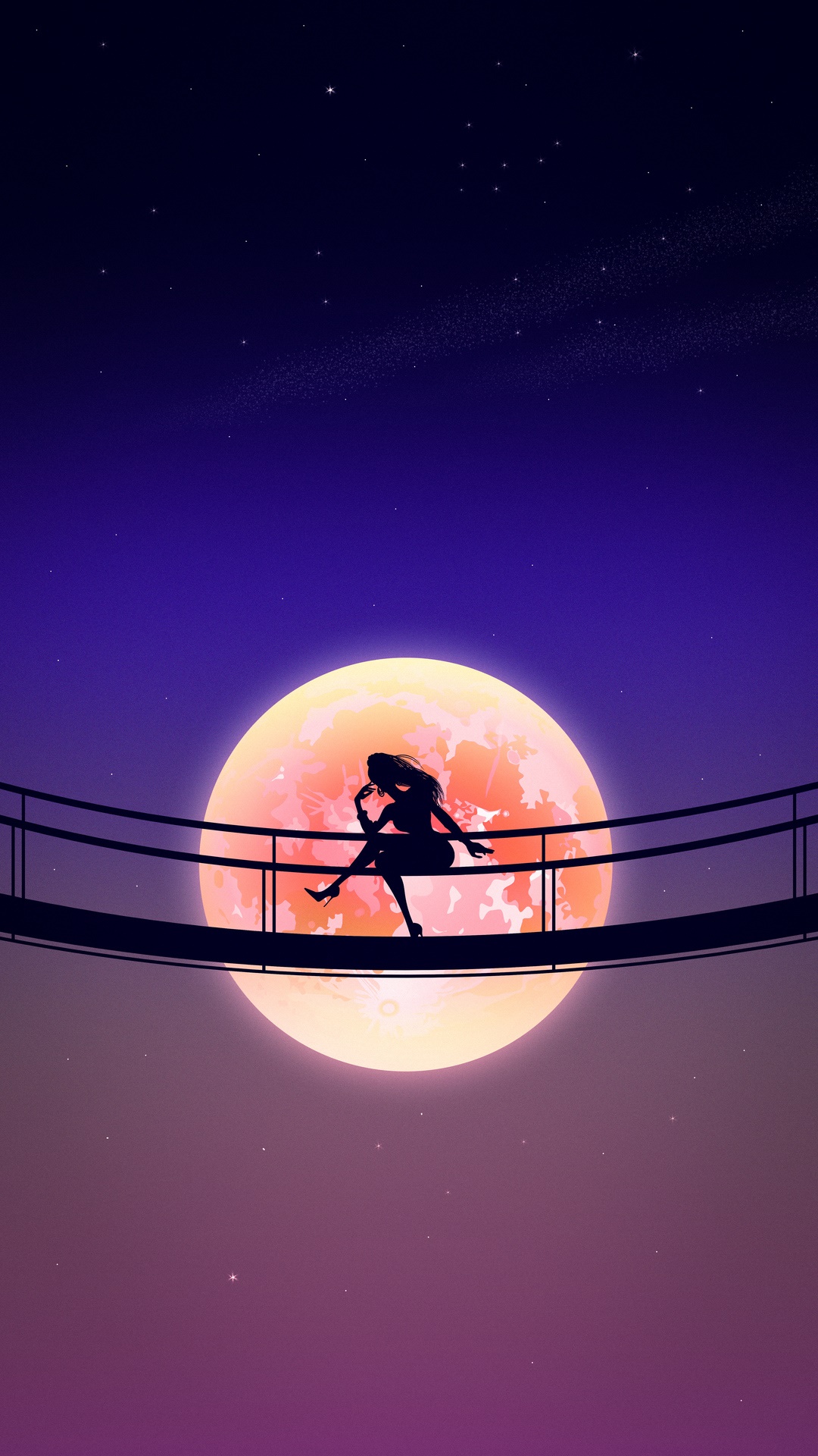 Silhouette of a woman on a bridge with a large moon HD Phone Wallpaper