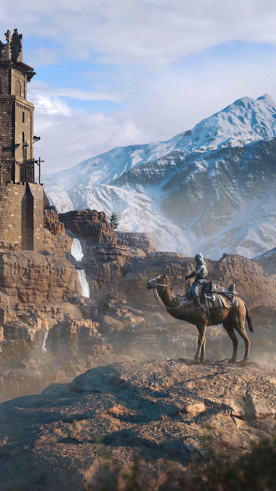 Assassin riding a camel near a castle and mountains HD Phone Wallpaper