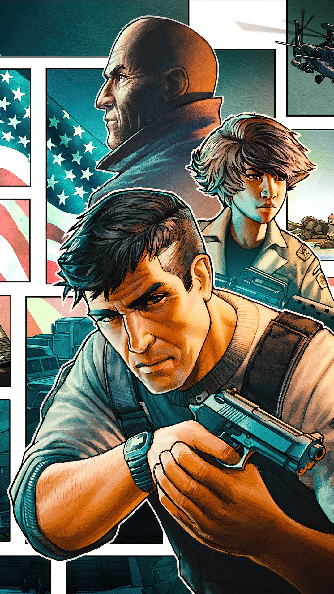 Comic book panel with soldiers and American flag HD Phone Wallpaper