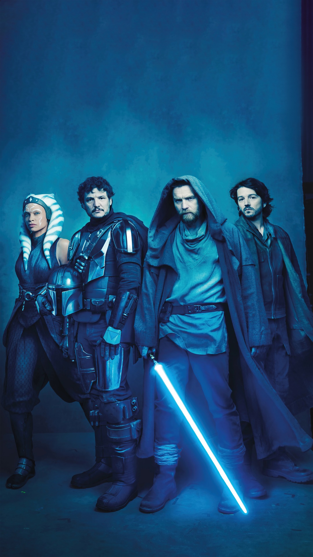 Star Wars characters Obi-Wan Kenobi, The Mandalorian, Ahsoka Tano, and Cassian Andor HD Phone Wallpaper