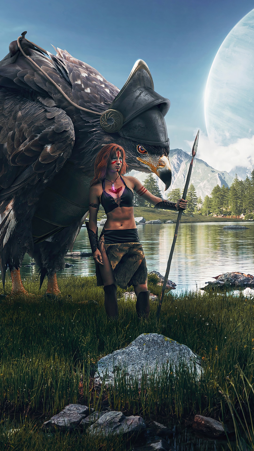 Artwork of a warrior woman and a giant eagle HD Phone Wallpaper