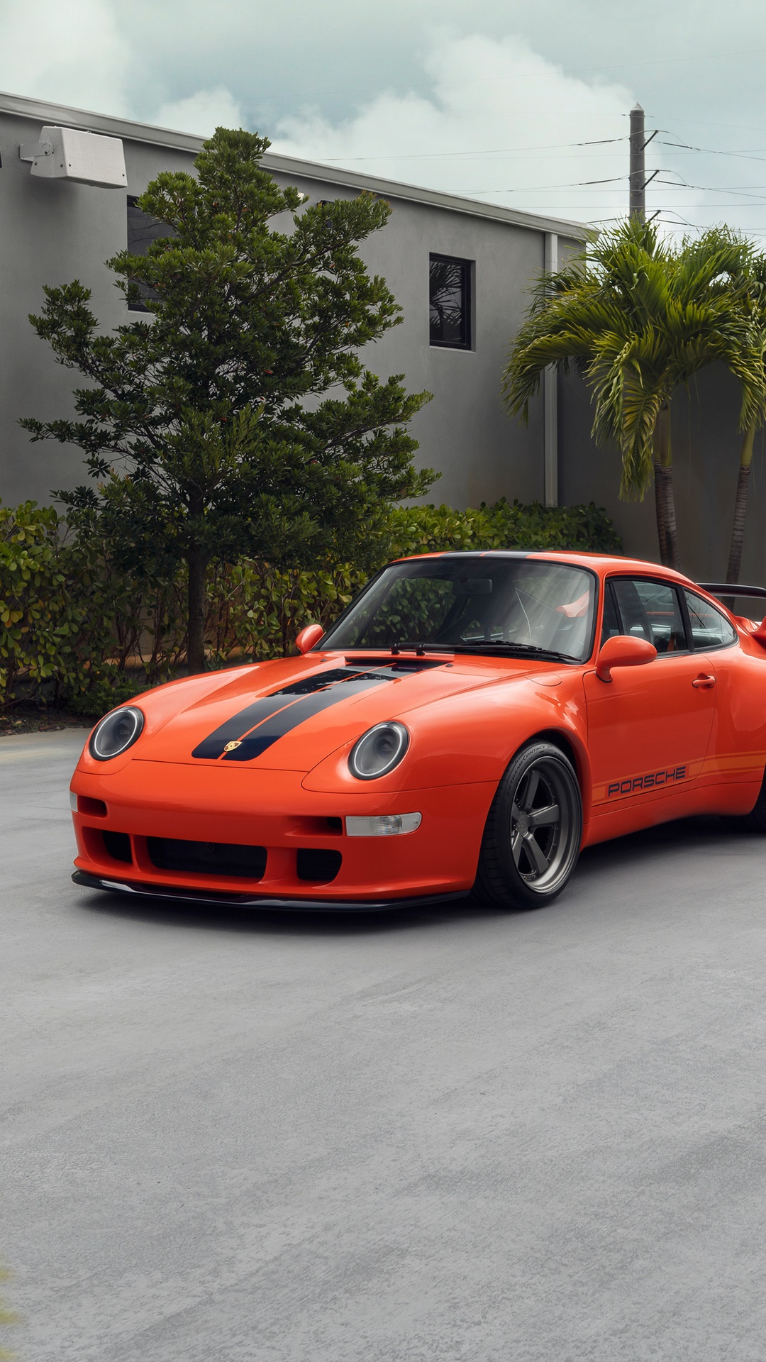 Orange Porsche 911 with Black Stripes HD Phone Wallpaper