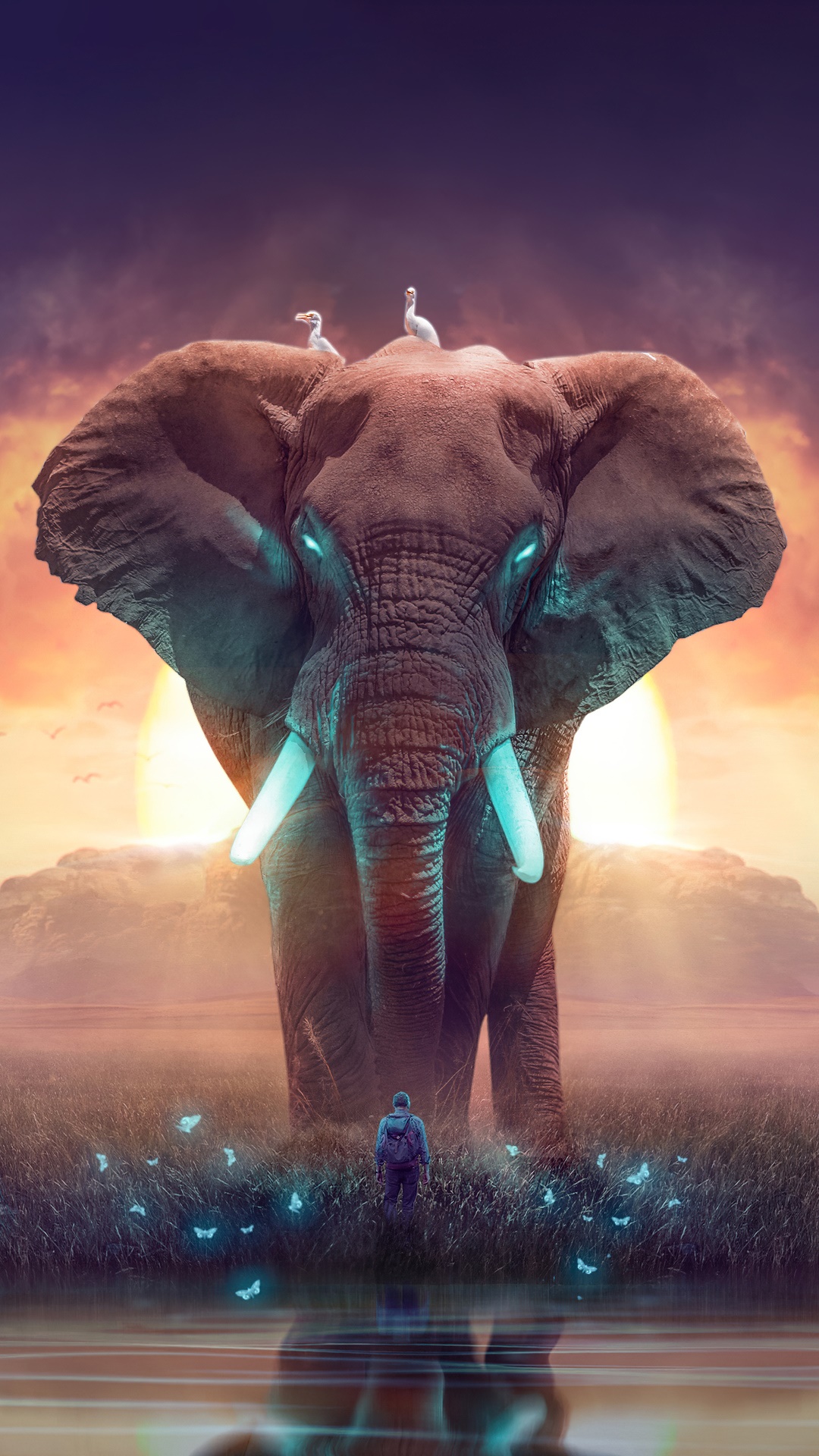 Fantasy elephant with glowing eyes and tusks HD Phone Wallpaper
