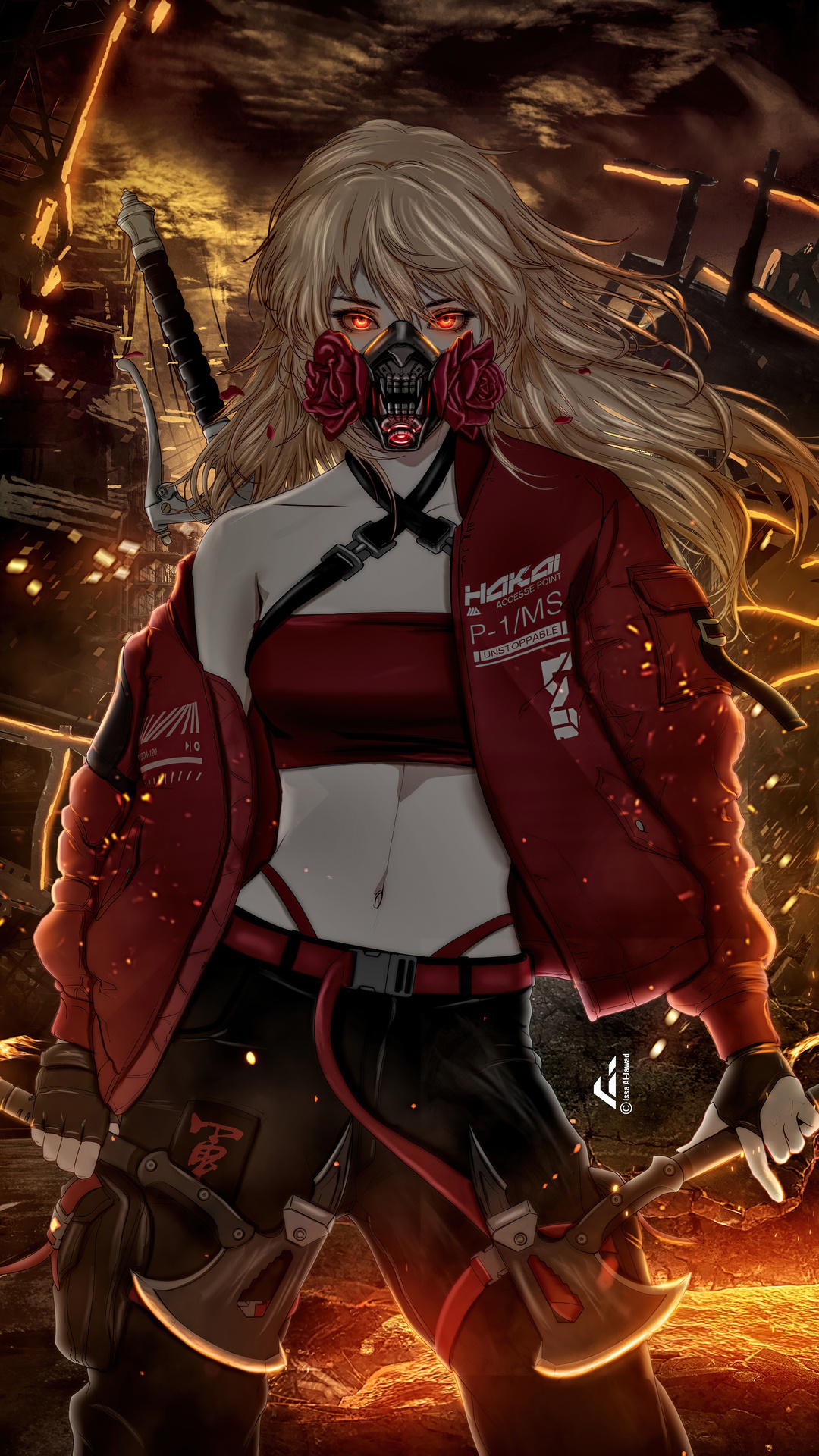 Artwork of a woman with a gas mask and axes HD Phone Wallpaper