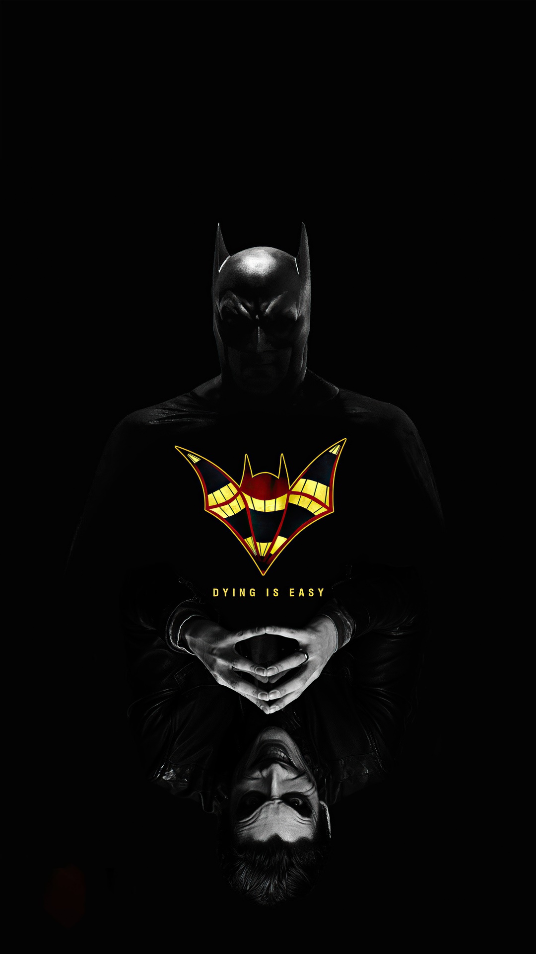 Batman and Joker artwork with "Dying is Easy" text HD Phone Wallpaper