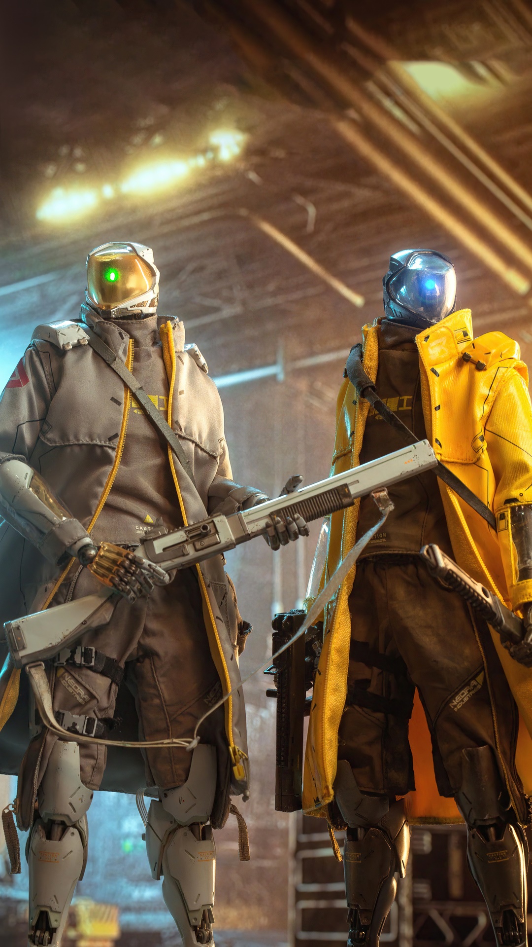 Two robots with shotguns in a futuristic setting HD Phone Wallpaper