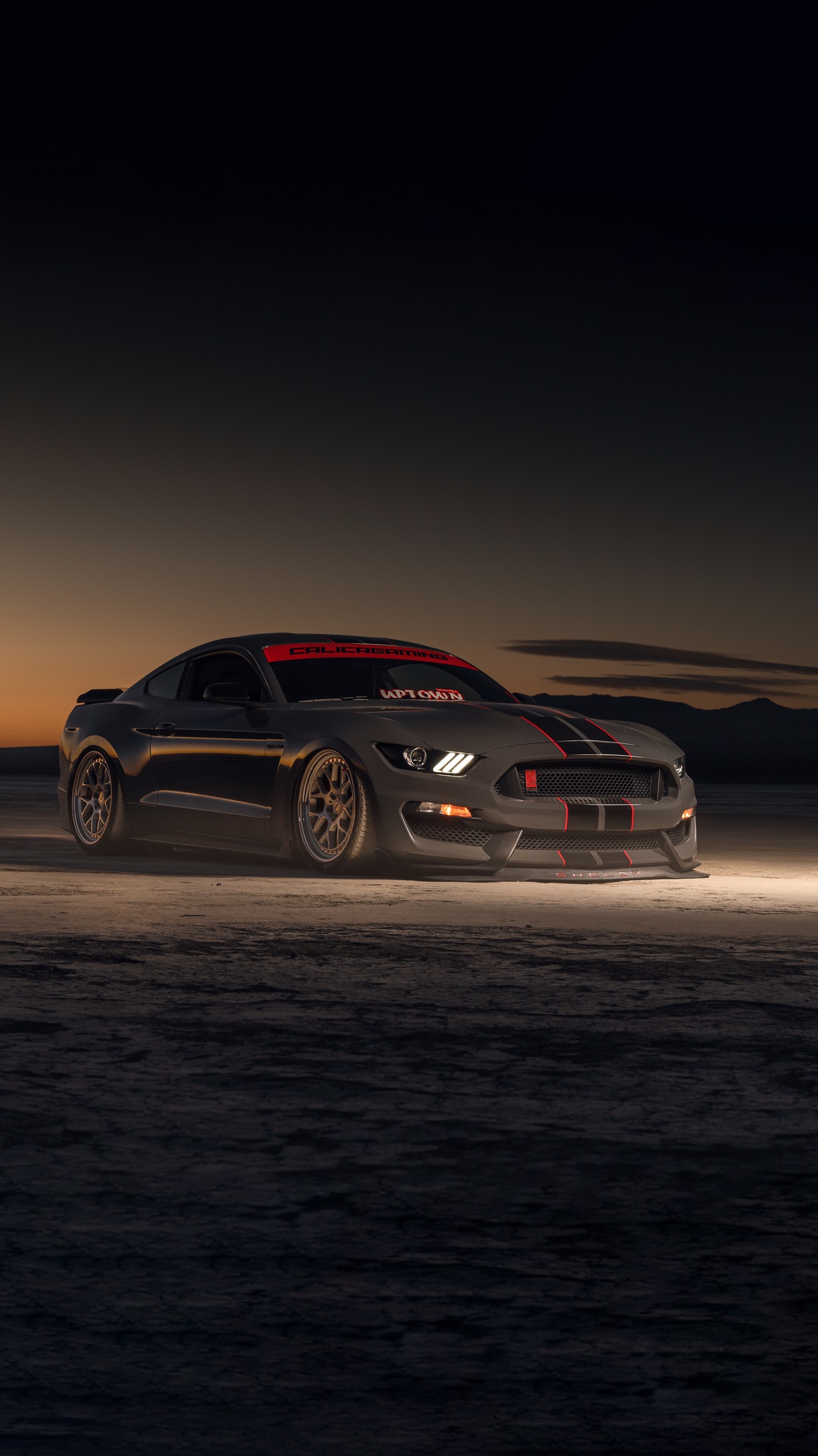 Ford Mustang with Red Stripes on Salt Flats HD Phone Wallpaper