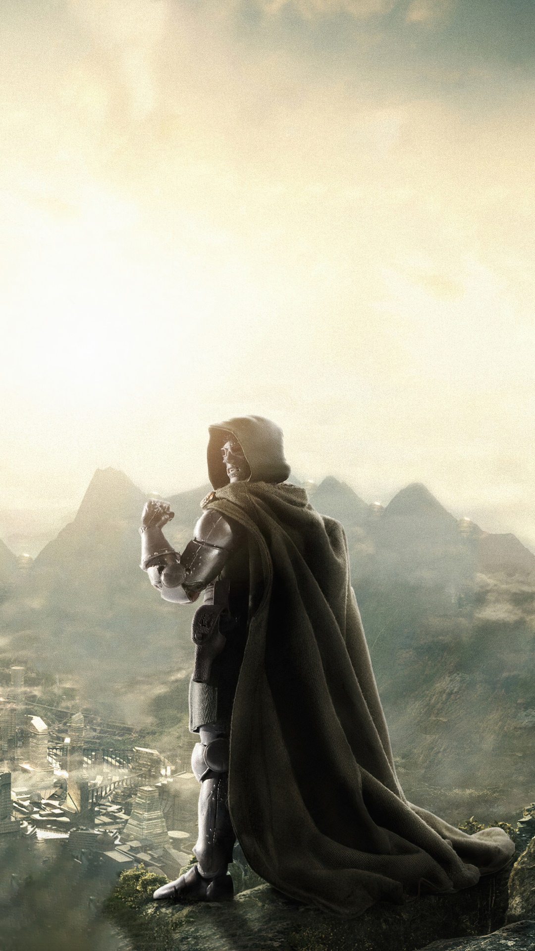 Doctor Doom standing on a cliff overlooking a city HD Phone Wallpaper