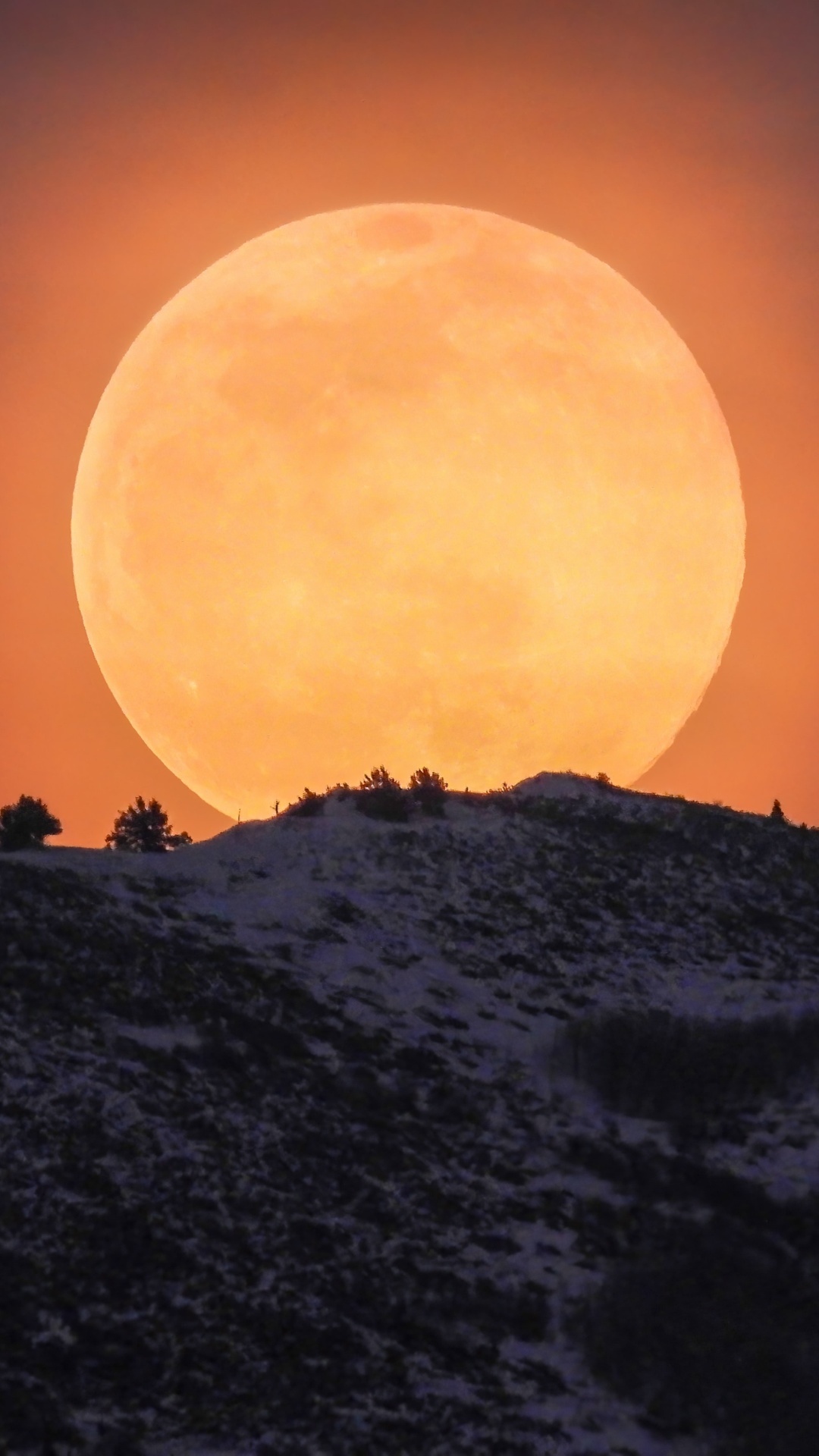 Large orange moon setting over a snowy mountain HD Phone Wallpaper