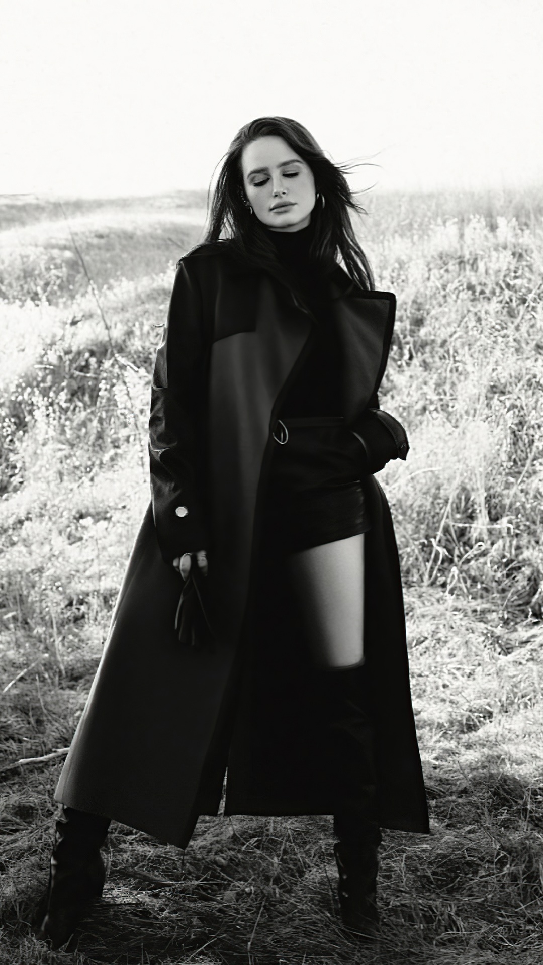 Madelaine Petsch in a black coat and shorts HD Phone Wallpaper
