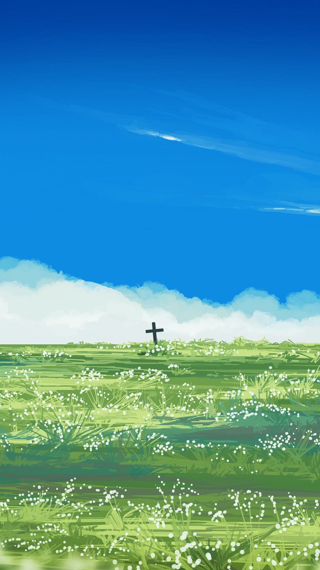 A lone cross stands in a field of flowers under a blue sky. HD Phone Wallpaper