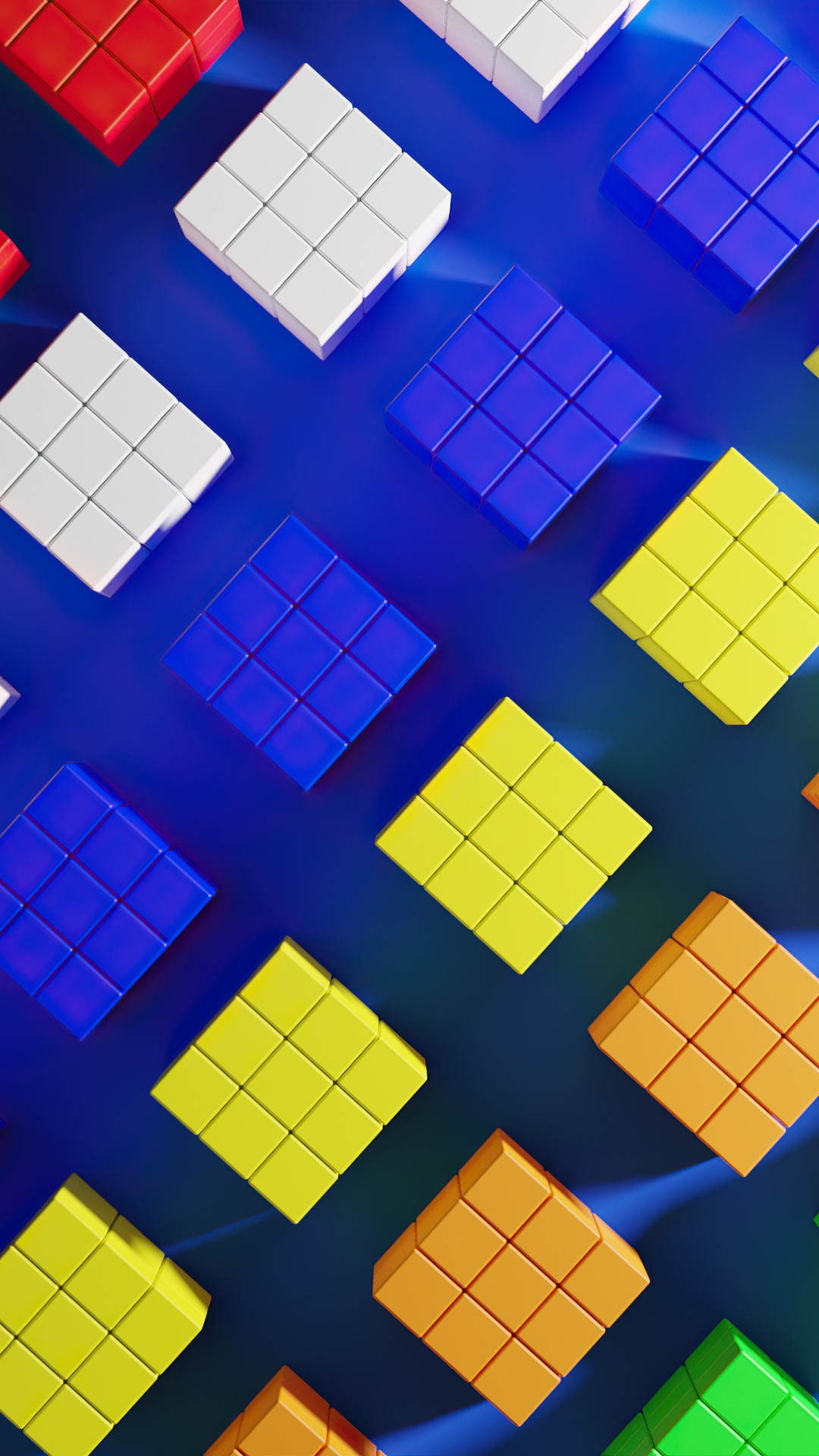 Abstract arrangement of colorful cubes on a blue surface HD Phone Wallpaper