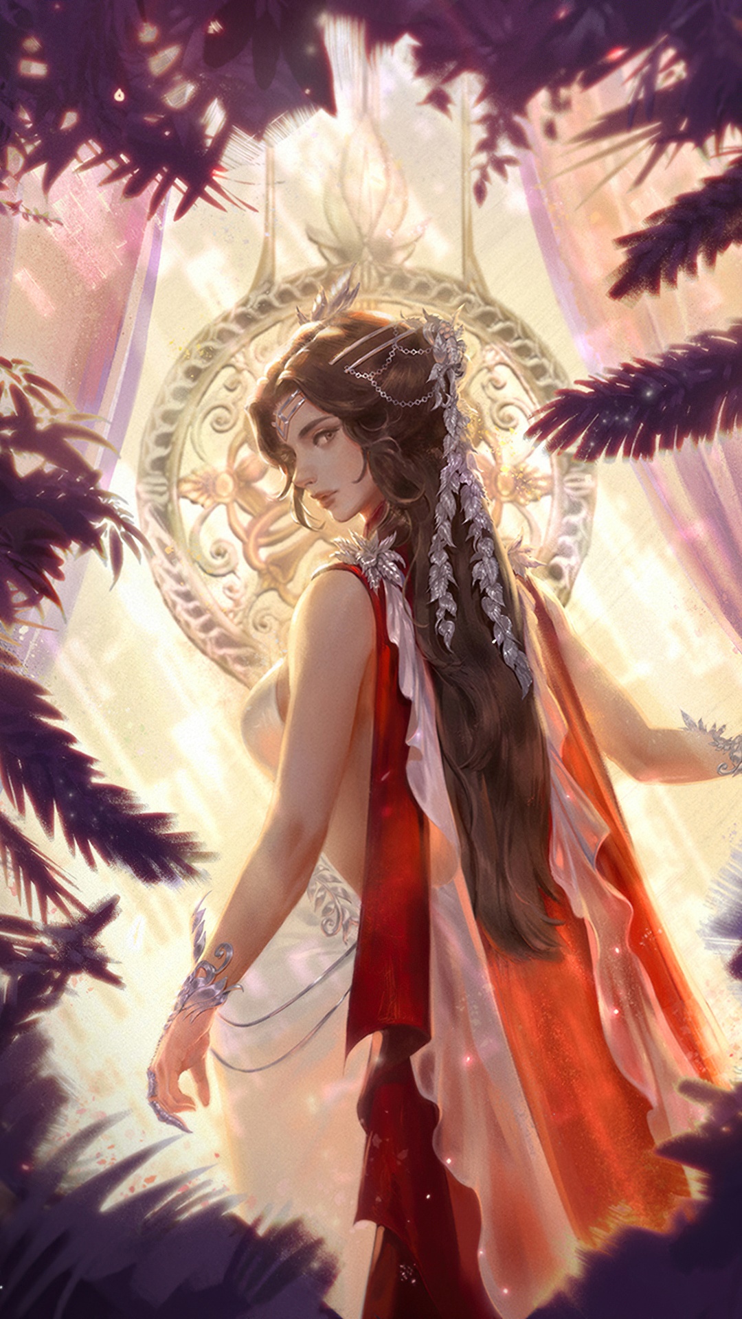 ArcheAge character with ornate headdress and red cape HD Phone Wallpaper