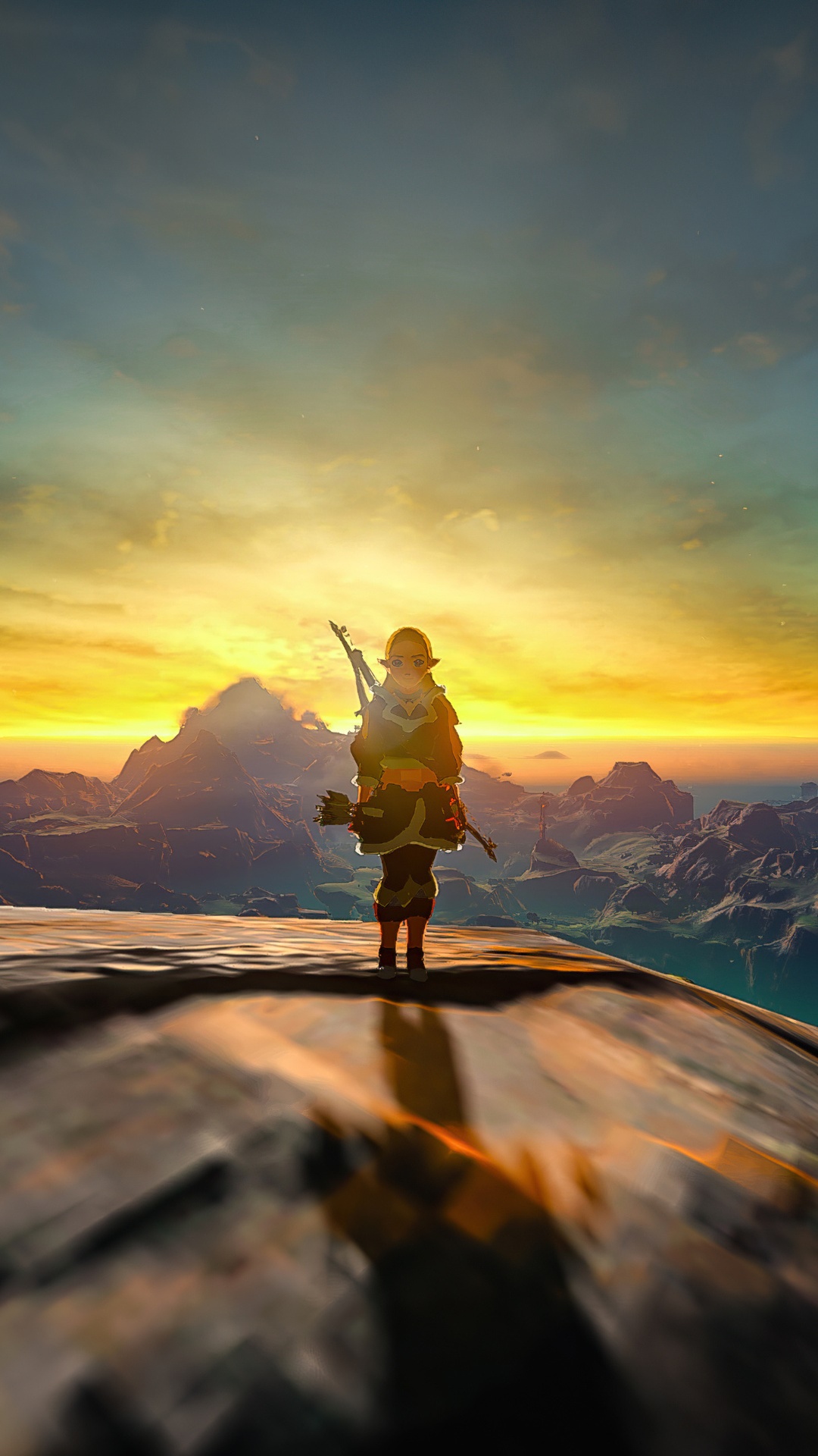 The Legend of Zelda: Link stands on a cliff at sunset HD Phone Wallpaper
