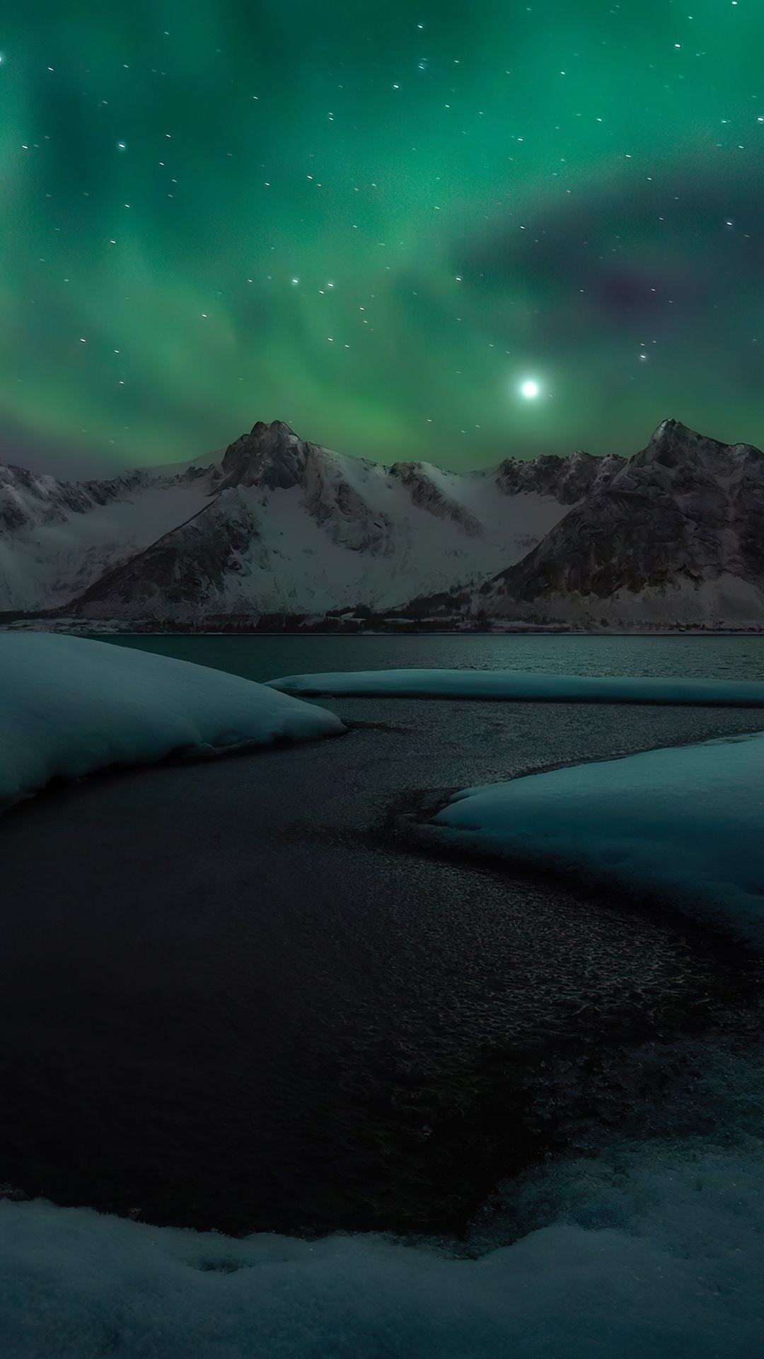 Aurora Borealis over snow-capped mountains and a lake HD Phone Wallpaper