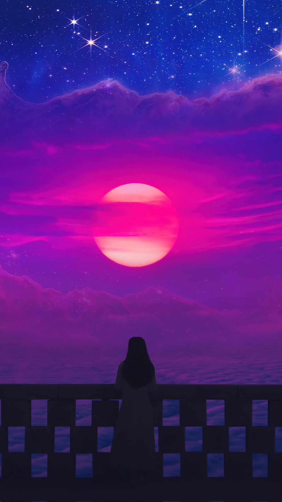 Digital art of a person watching a surreal sunset HD Phone Wallpaper