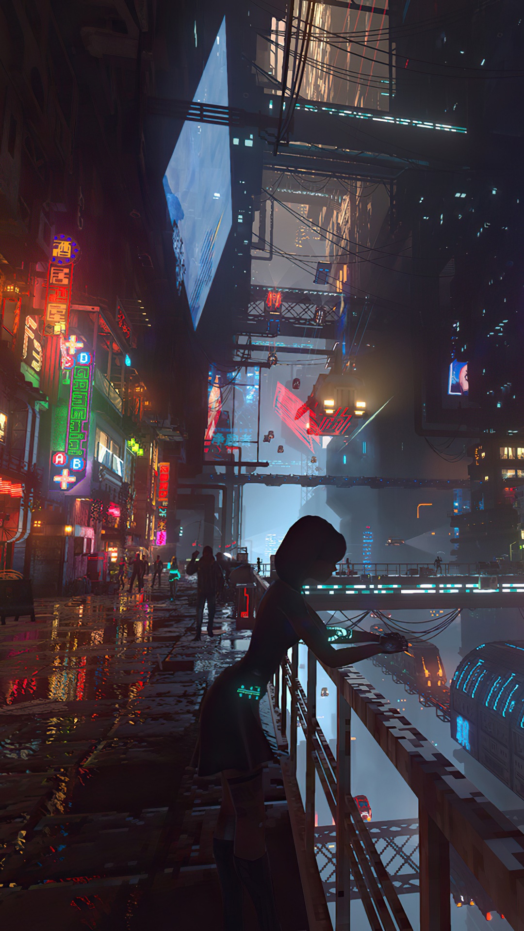 Cyberpunk Cityscape with Woman Overlooking Neon Streets HD Phone Wallpaper