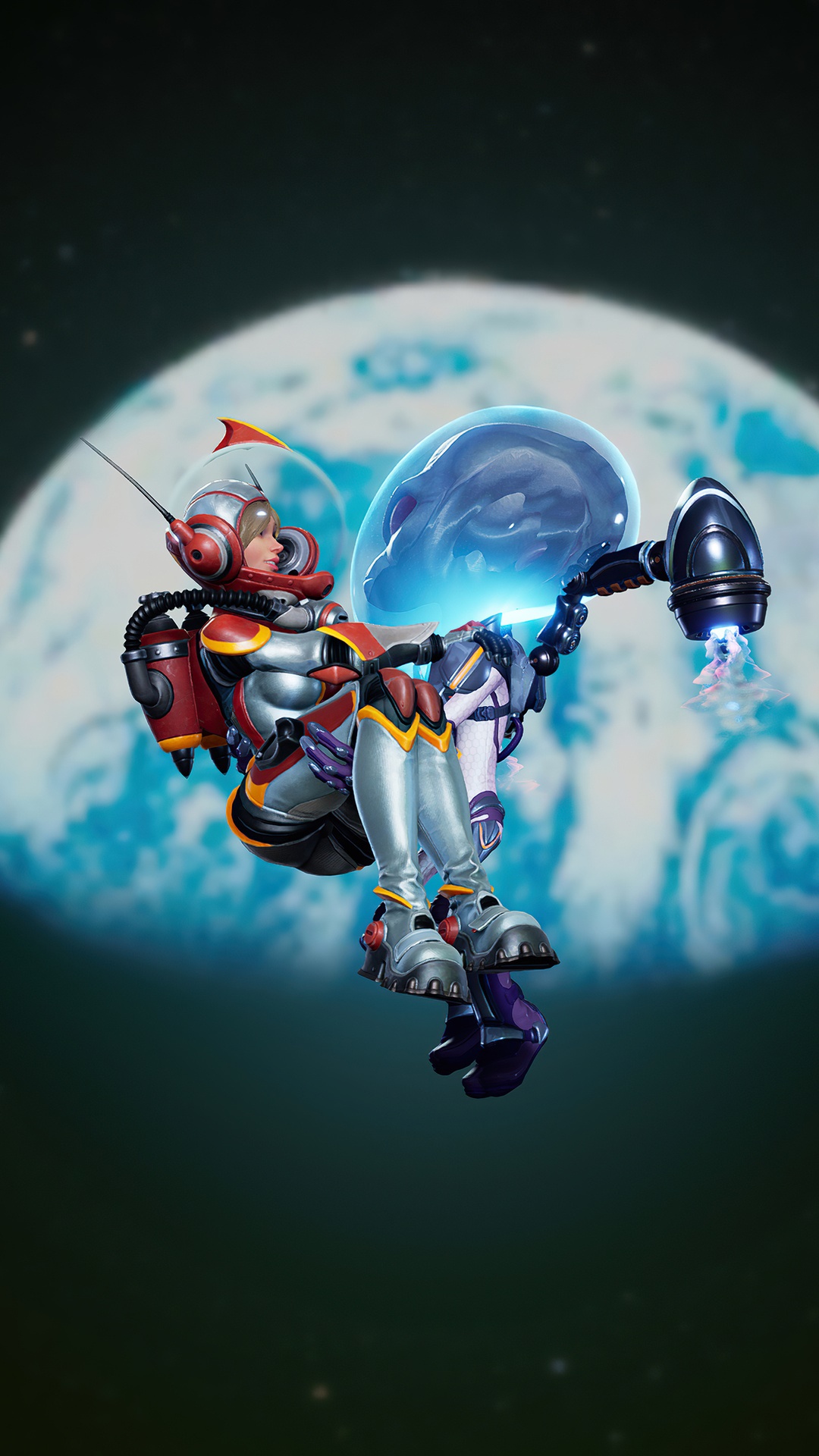 Astronaut girl with a blue bubble in space HD Phone Wallpaper