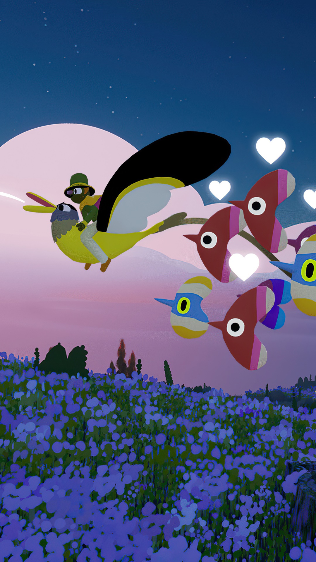A character rides a bird with other birds following HD Phone Wallpaper