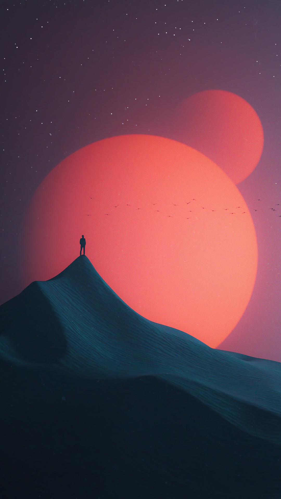 Digital art of a lone figure on a mountain HD Phone Wallpaper