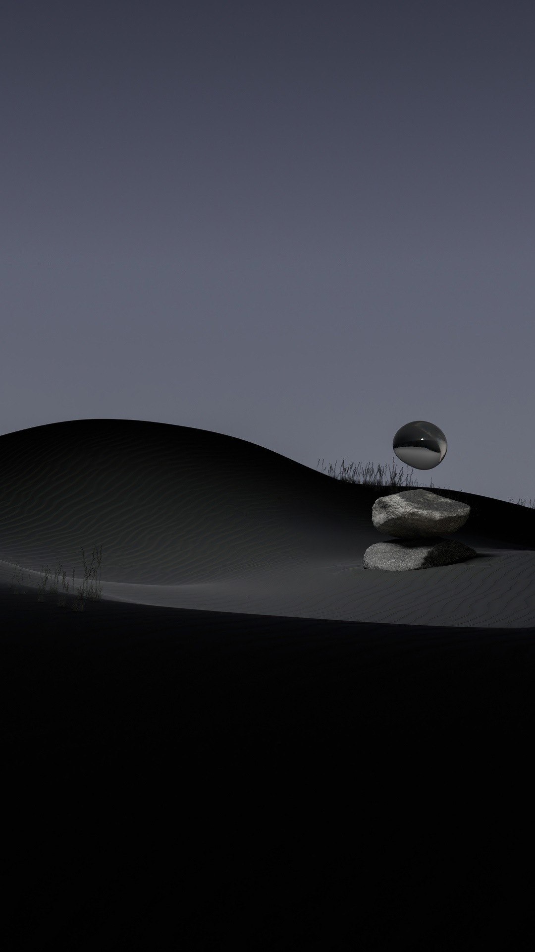 Digital art of a glass sphere and rocks on sand dunes HD Phone Wallpaper