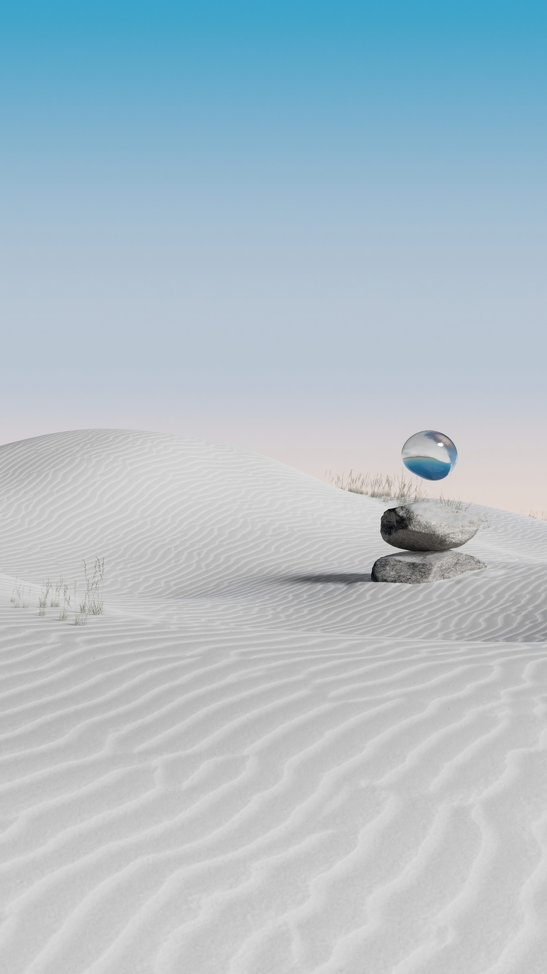 Digital art of a desert landscape with a glass orb HD Phone Wallpaper