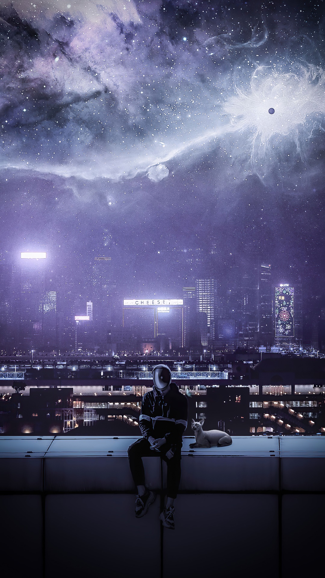 Digital Art of a Person and Cat in a Futuristic City HD Phone Wallpaper