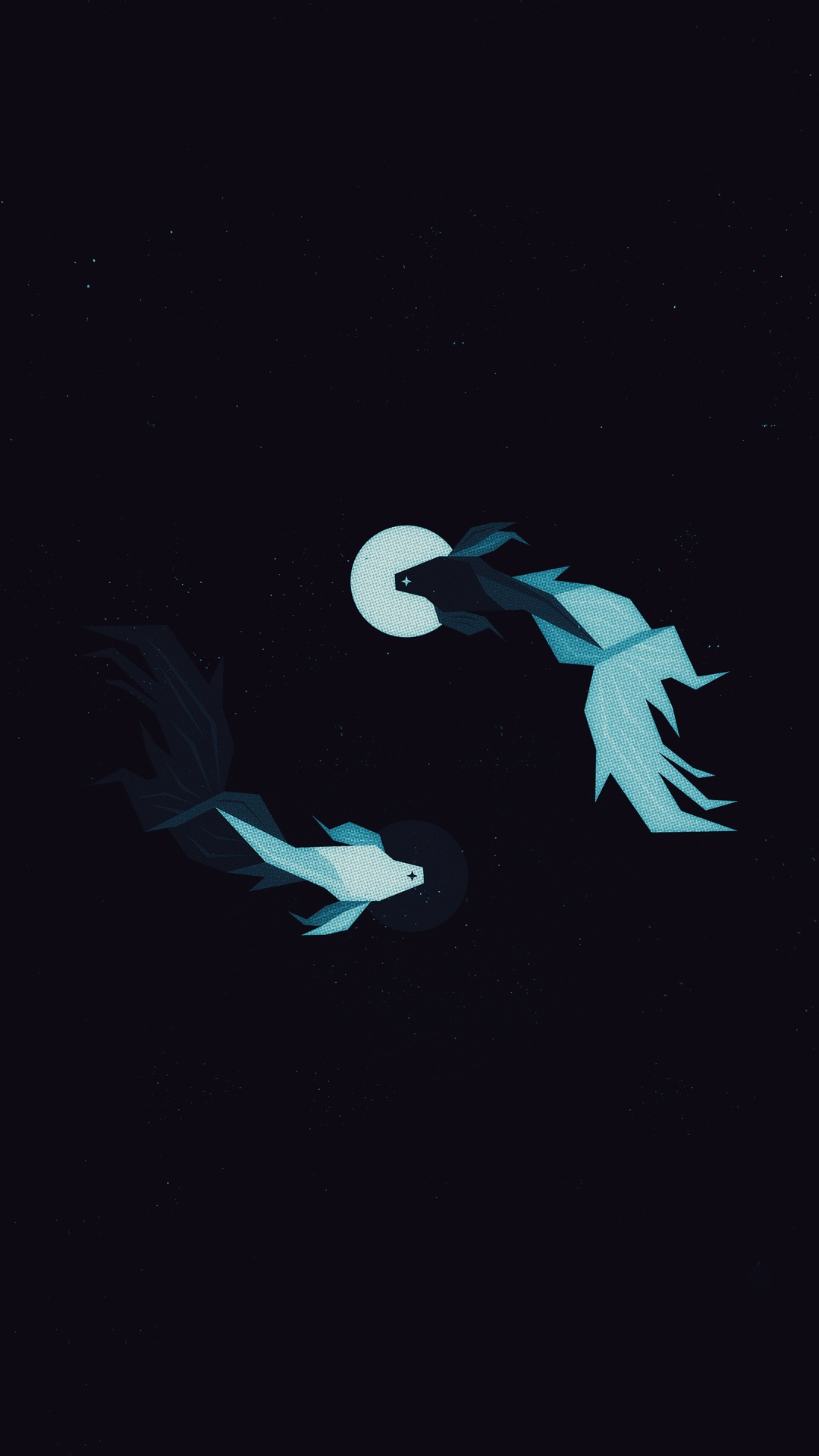Minimalist digital art of two fish in dark space HD Phone Wallpaper