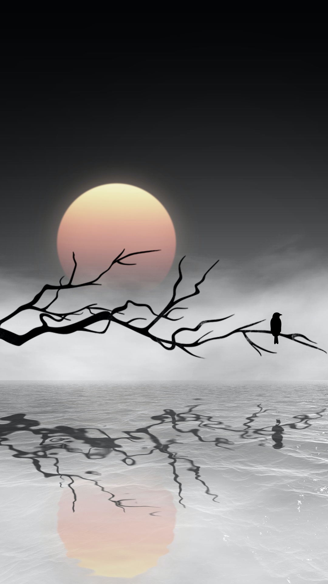 Digital art of a bird on a branch with a large sun HD Phone Wallpaper