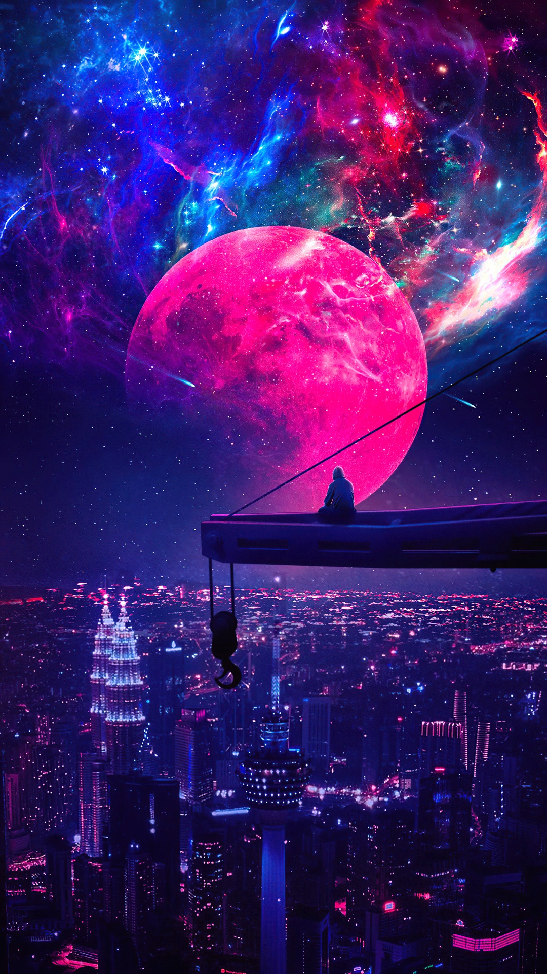 Person on platform overlooking city under pink moon and nebula HD Phone Wallpaper