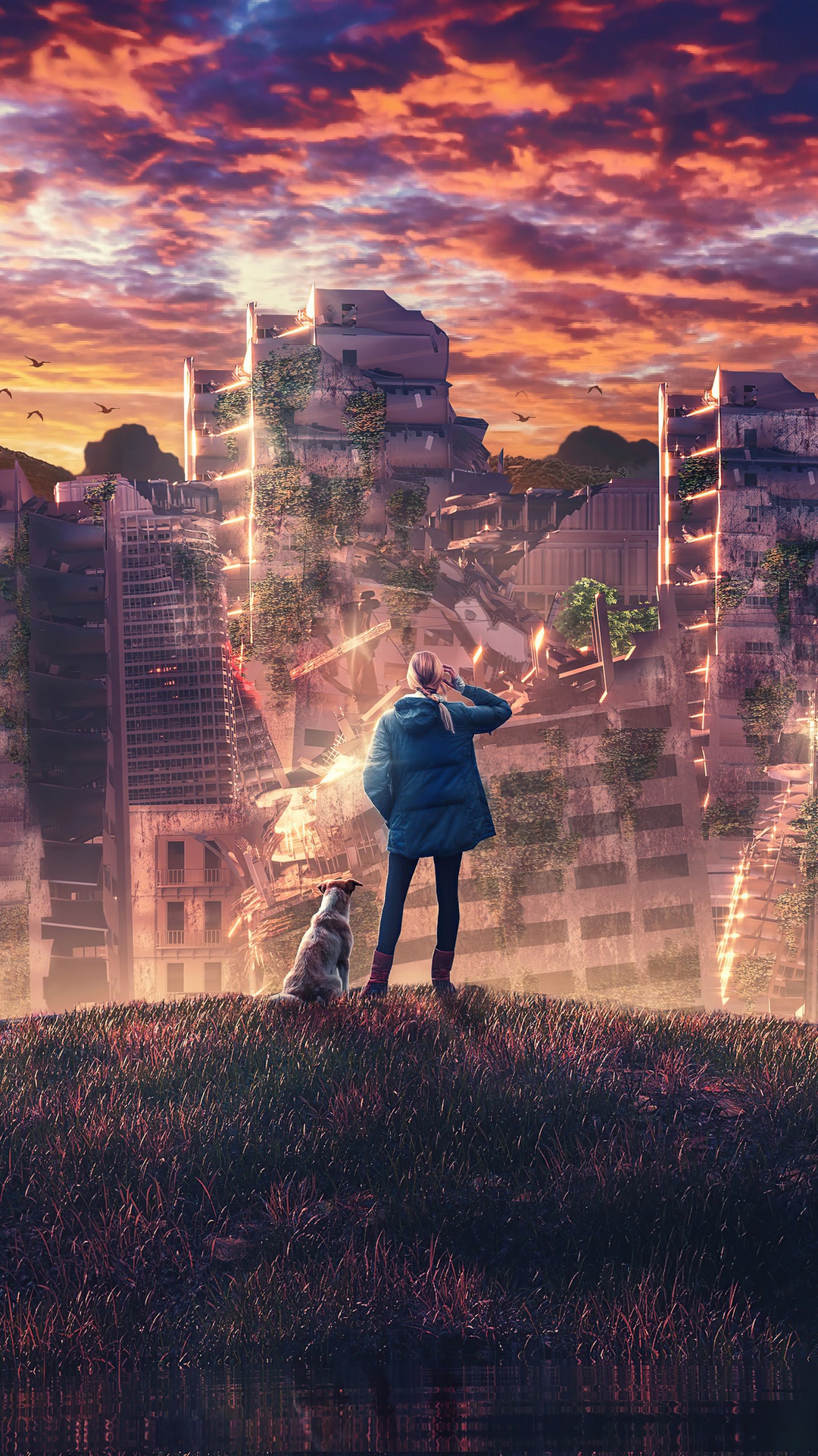Girl and dog in ruined city at sunset HD Phone Wallpaper