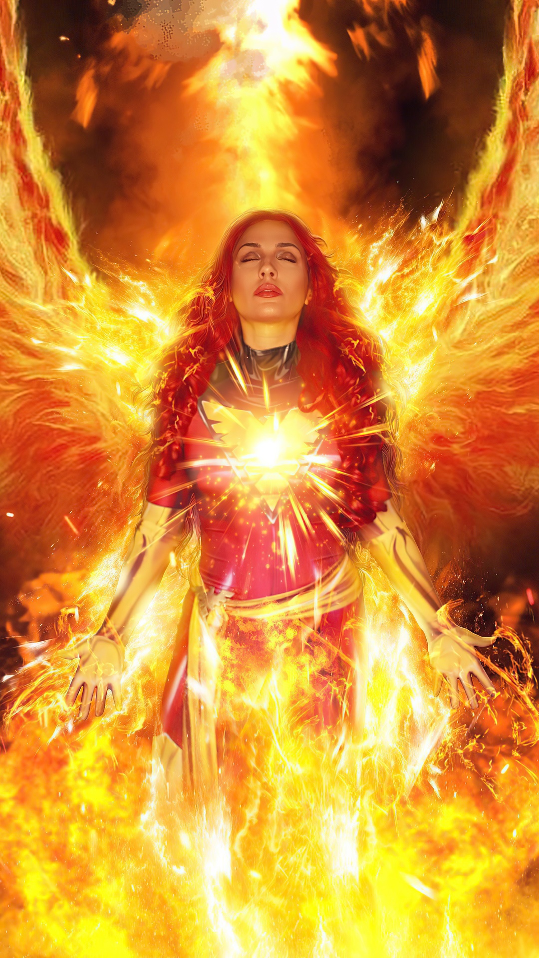 Jean Grey as Dark Phoenix surrounded by flames HD Phone Wallpaper