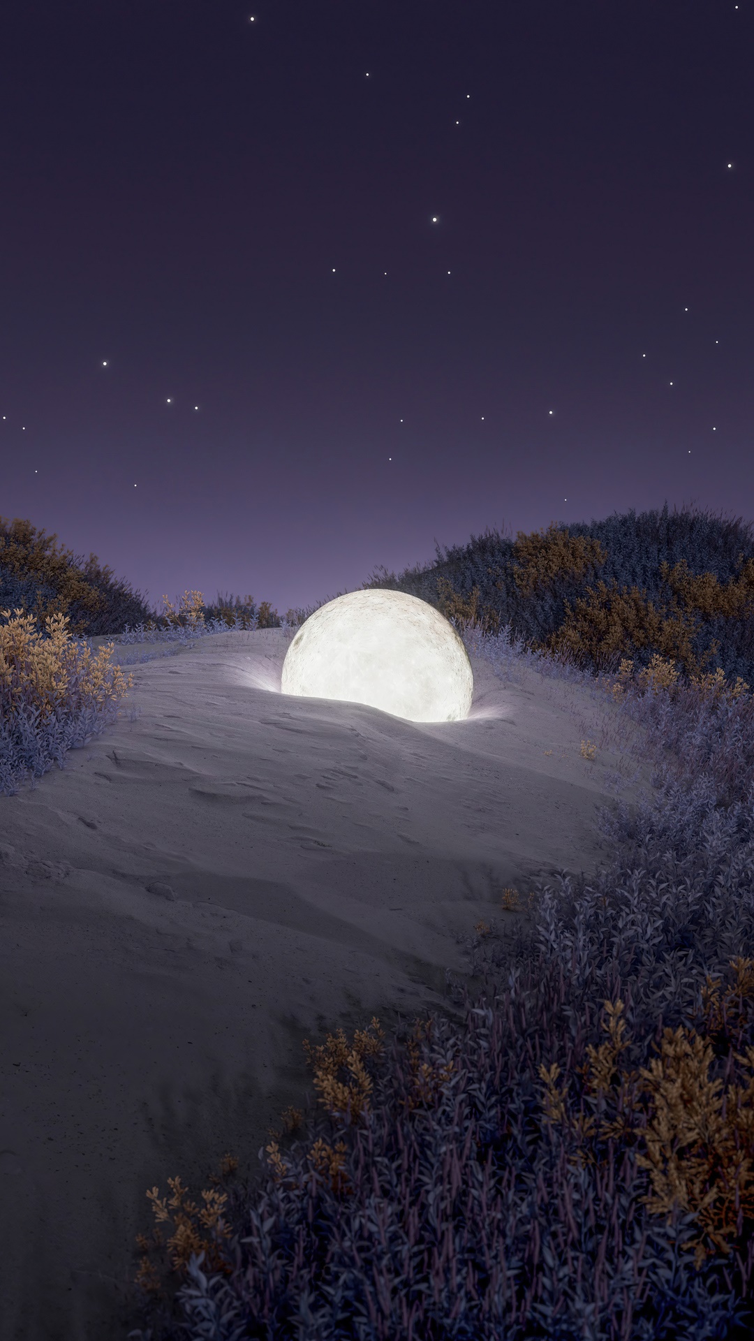 Digital art of a glowing moon on a sandy dune HD Phone Wallpaper