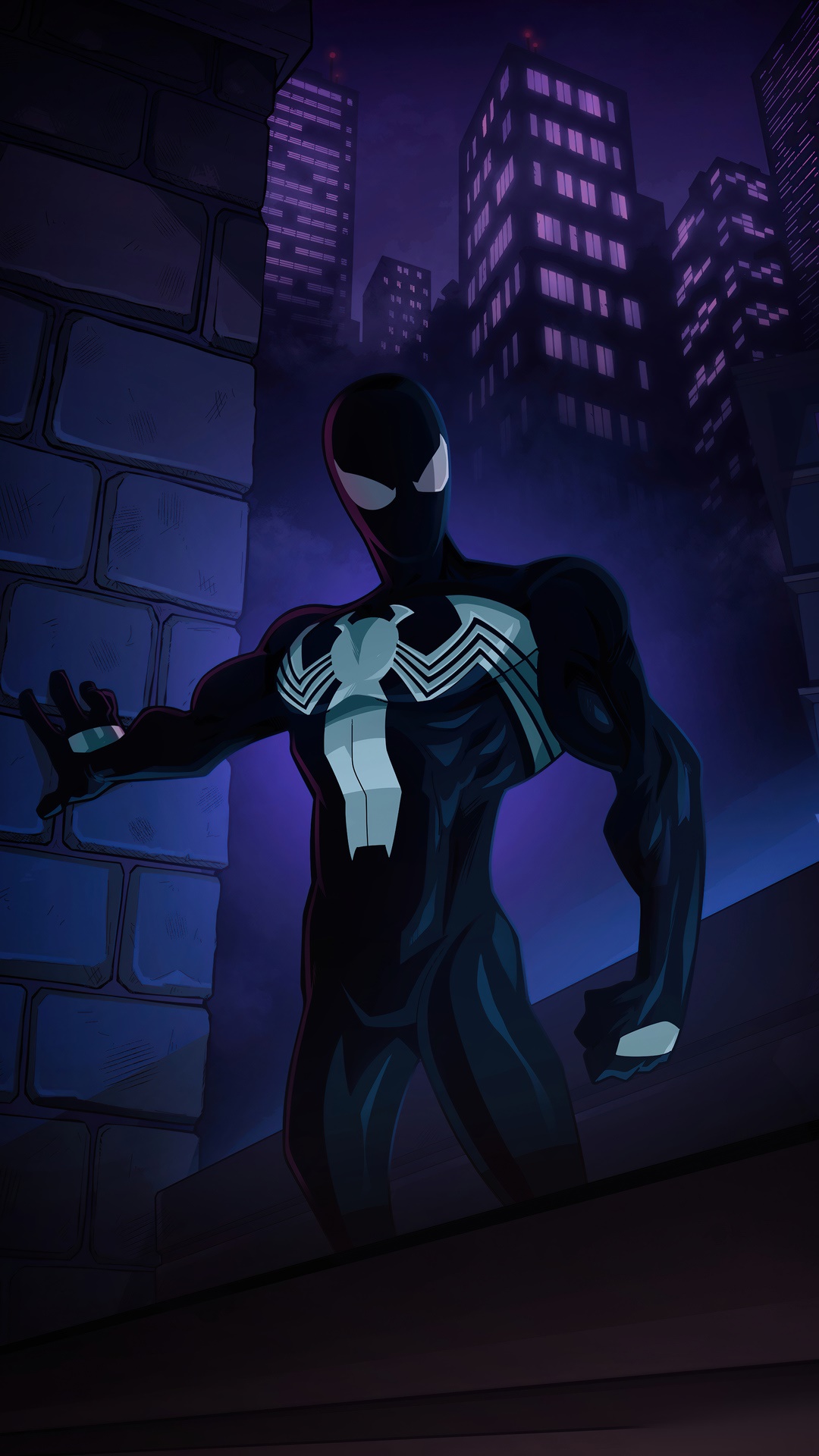Spider-Man in Black Suit on Rooftop HD Phone Wallpaper