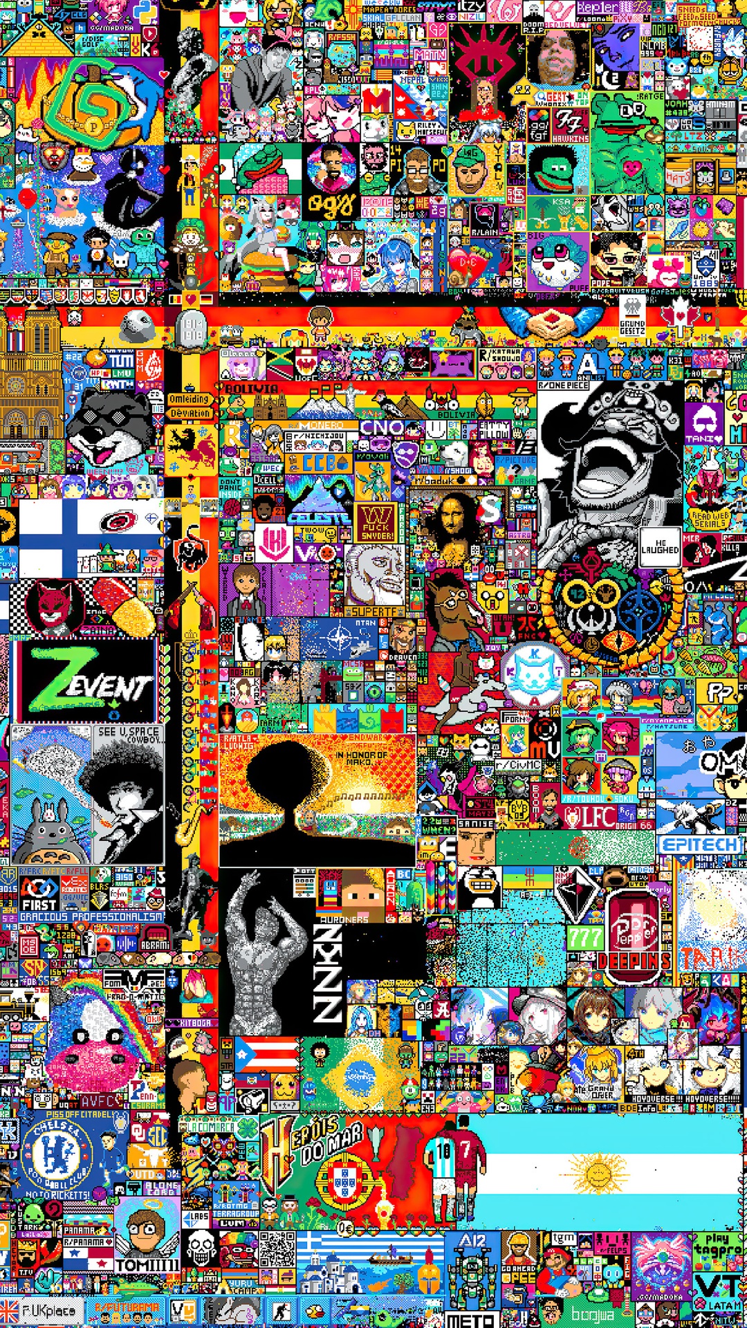 r/place artwork with various characters and flags HD Phone Wallpaper