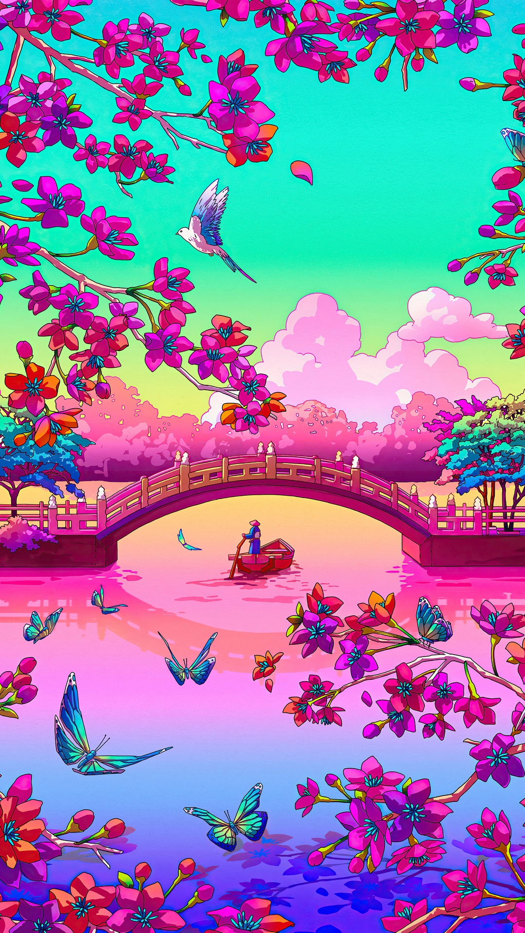 Digital Art of a Cherry Blossom Landscape with a Boat HD Phone Wallpaper