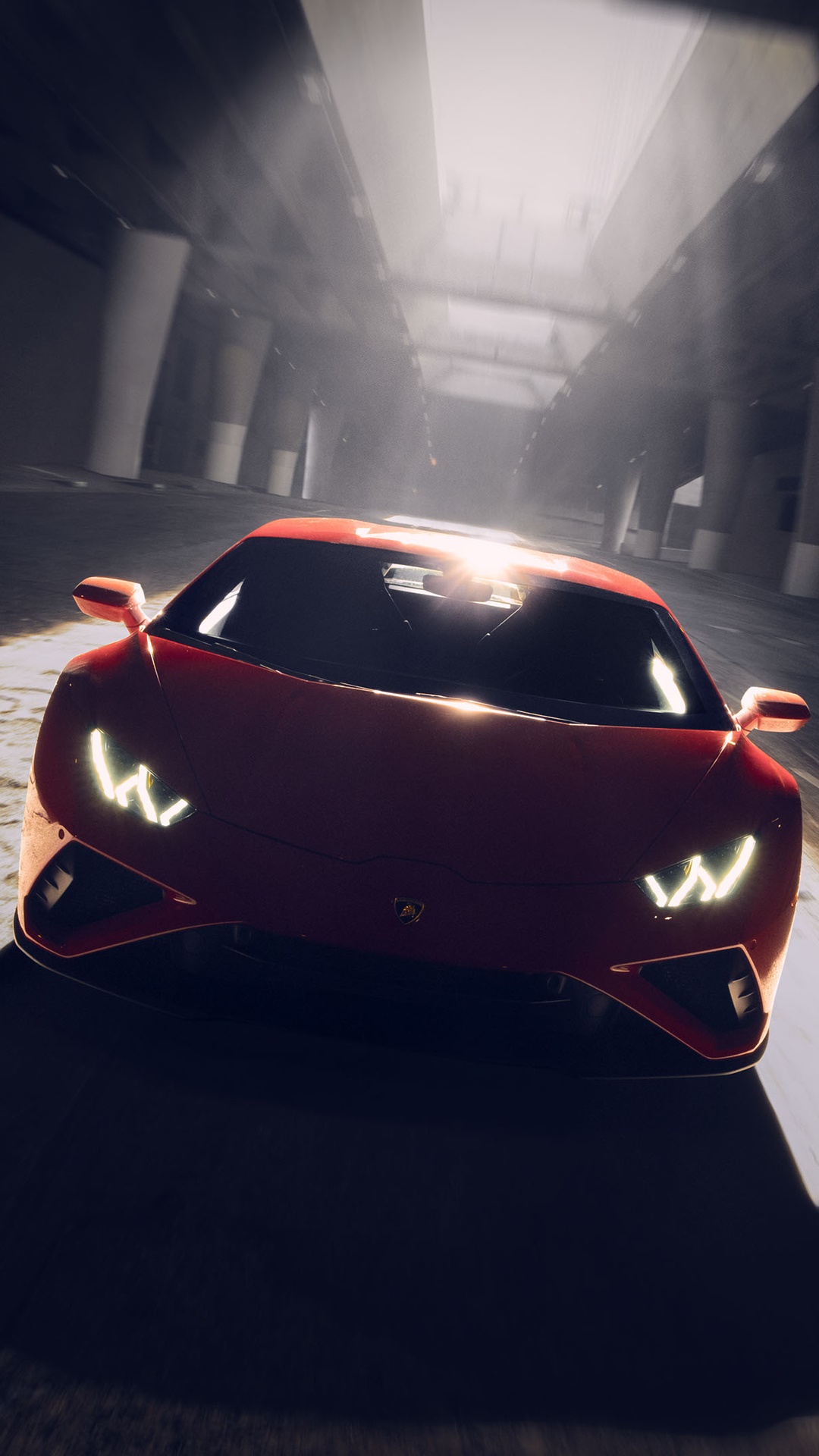 Red Lamborghini Huracan Evo driving under a bridge HD Phone Wallpaper