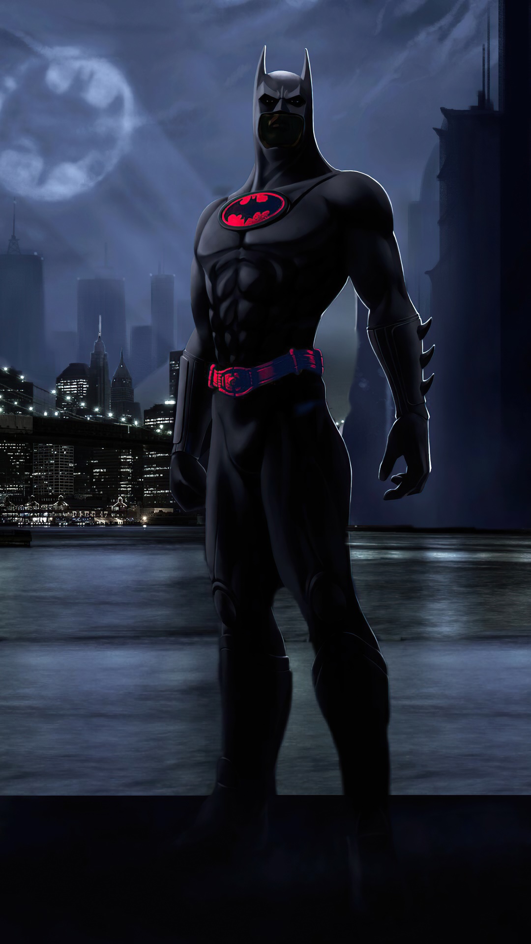 Batman in a dark suit with a red emblem HD Phone Wallpaper